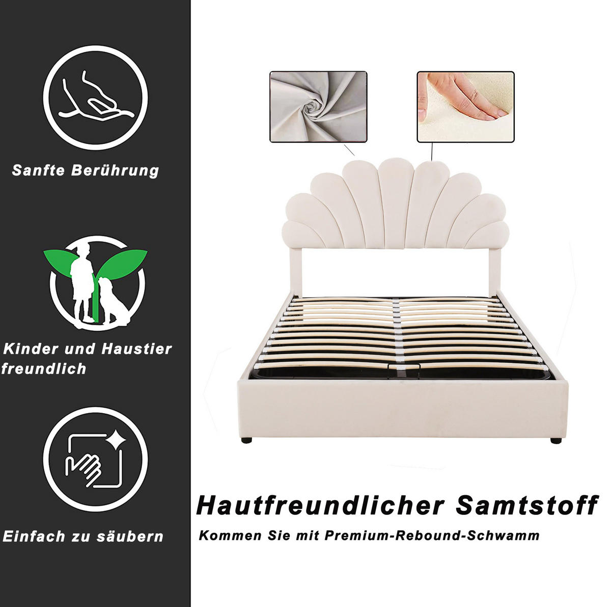 POLSTERBETT 140/200 cm Beige aus Samt mit Stauraum - Beige, Textil (140/200cm) - OKMYHOME