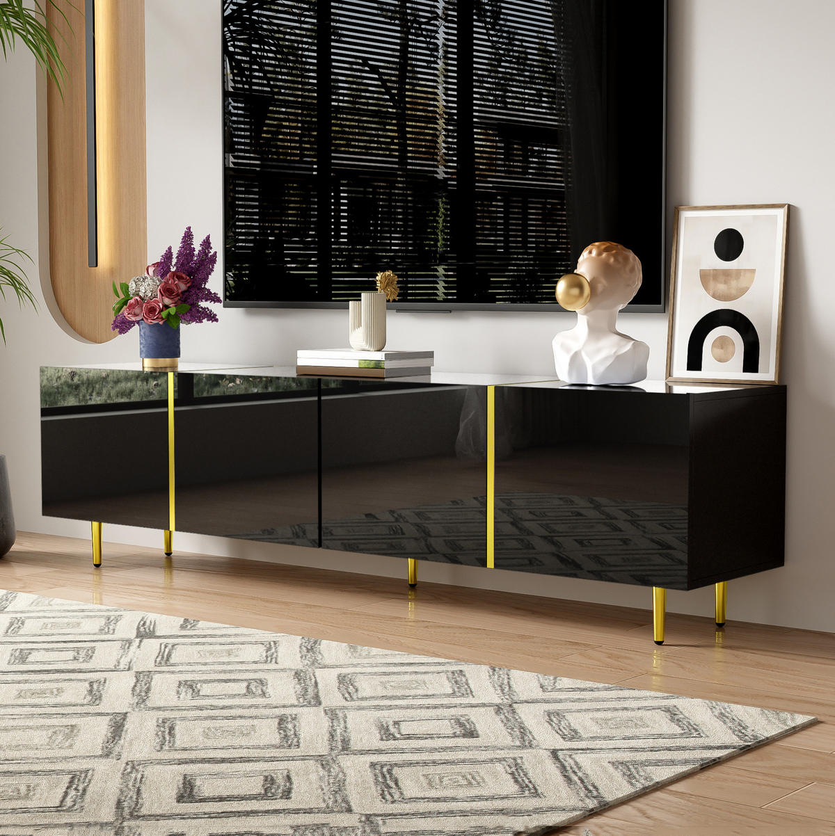 TV stolek 170/35/46 cm s vysokým leskem, 4 dvířky, měkkým dovíráním a úložným prostorem, Černá - černá, kompozitní dřevo (170/46/35cm) - Redom