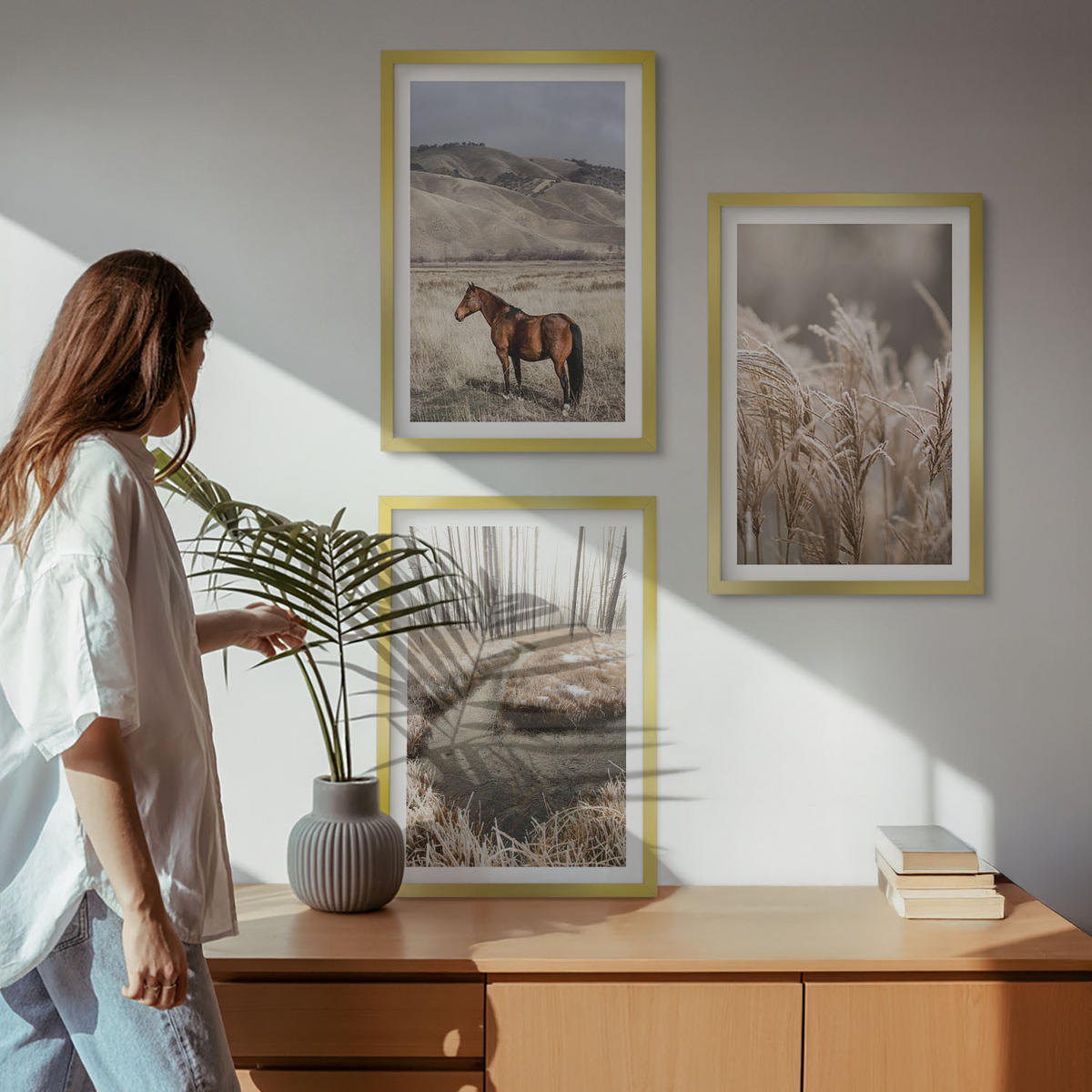 BILDER SET 3er Set - 40x60 cm Goldrahmen - Pferde, Landschaft, Gras, Bach - Goldfarben, Kunststoff (40/60cm) - TULUP