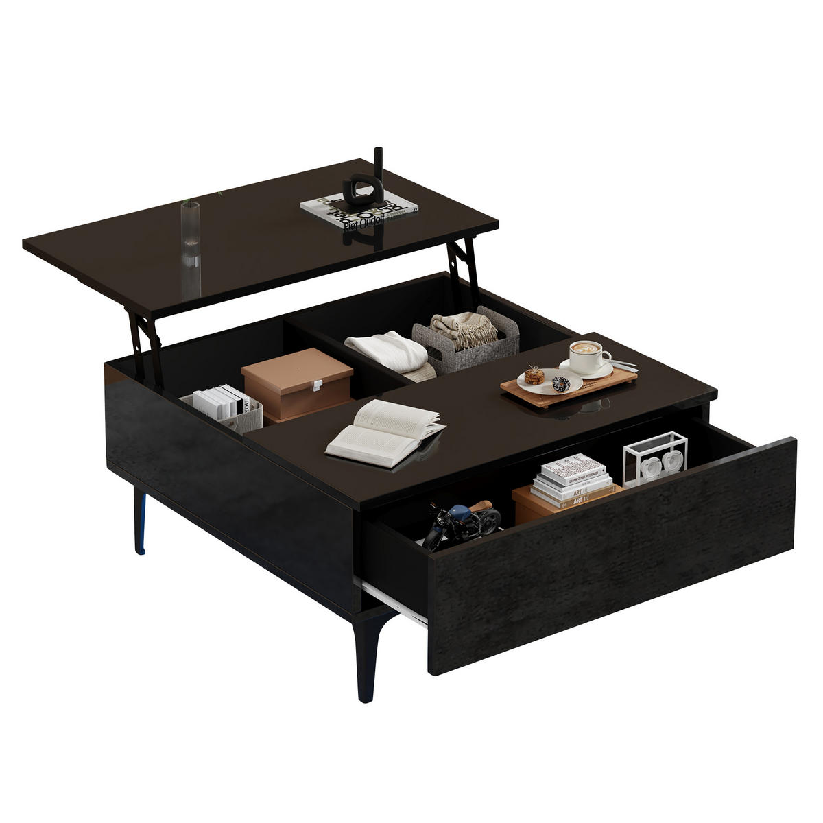 COUCHTISCH, höhenverstellbar mit Stauraum, LED, 70/70/35–48,5 cm, schwarz Hochglanz - Schwarz, Holzwerkstoff (70/70/35cm) - Redom