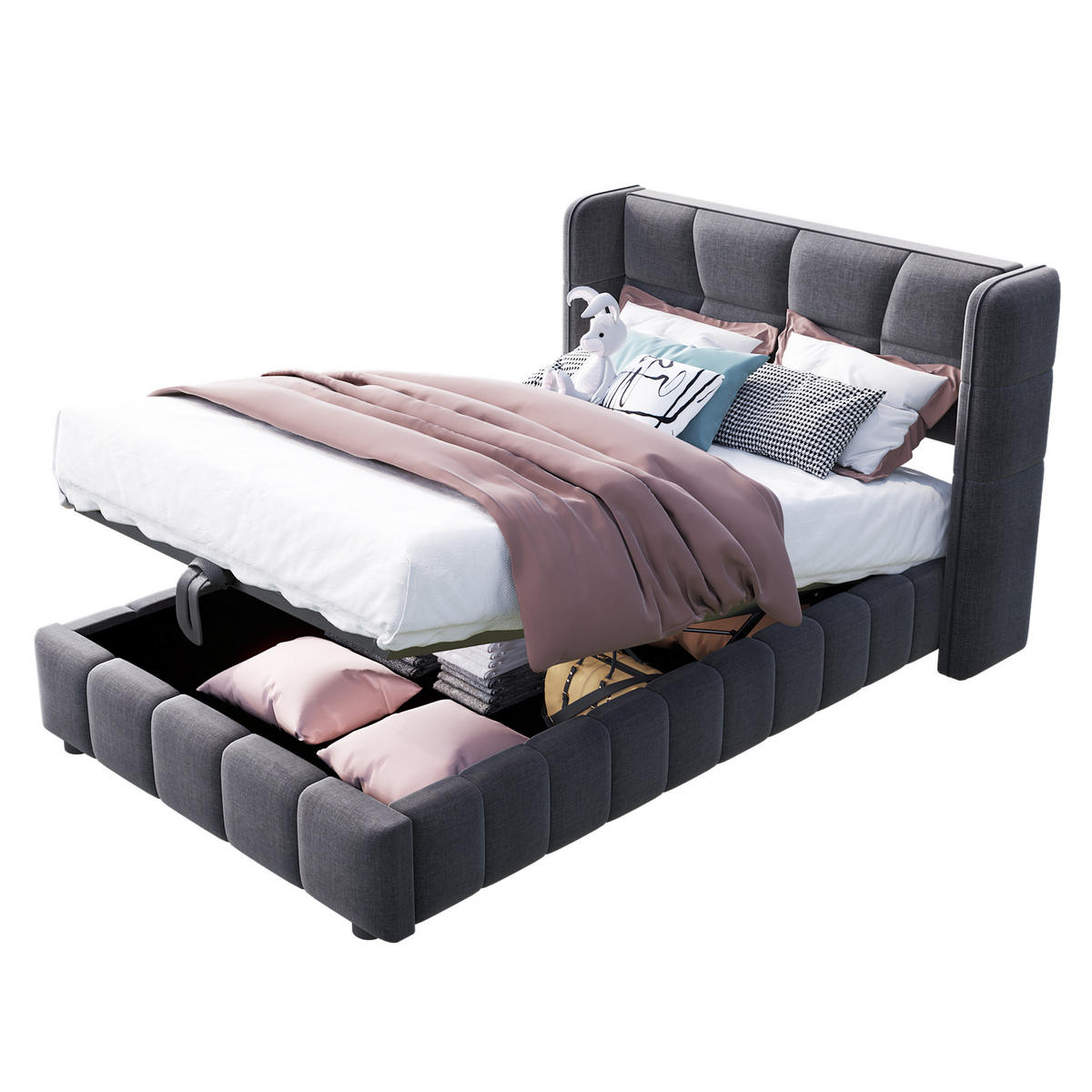 POLSTERBETT 90/200 cm grau aus Stoff mit Stauraum und Hebemechanismus - Grau, Textil (90/200cm) - OKWISH