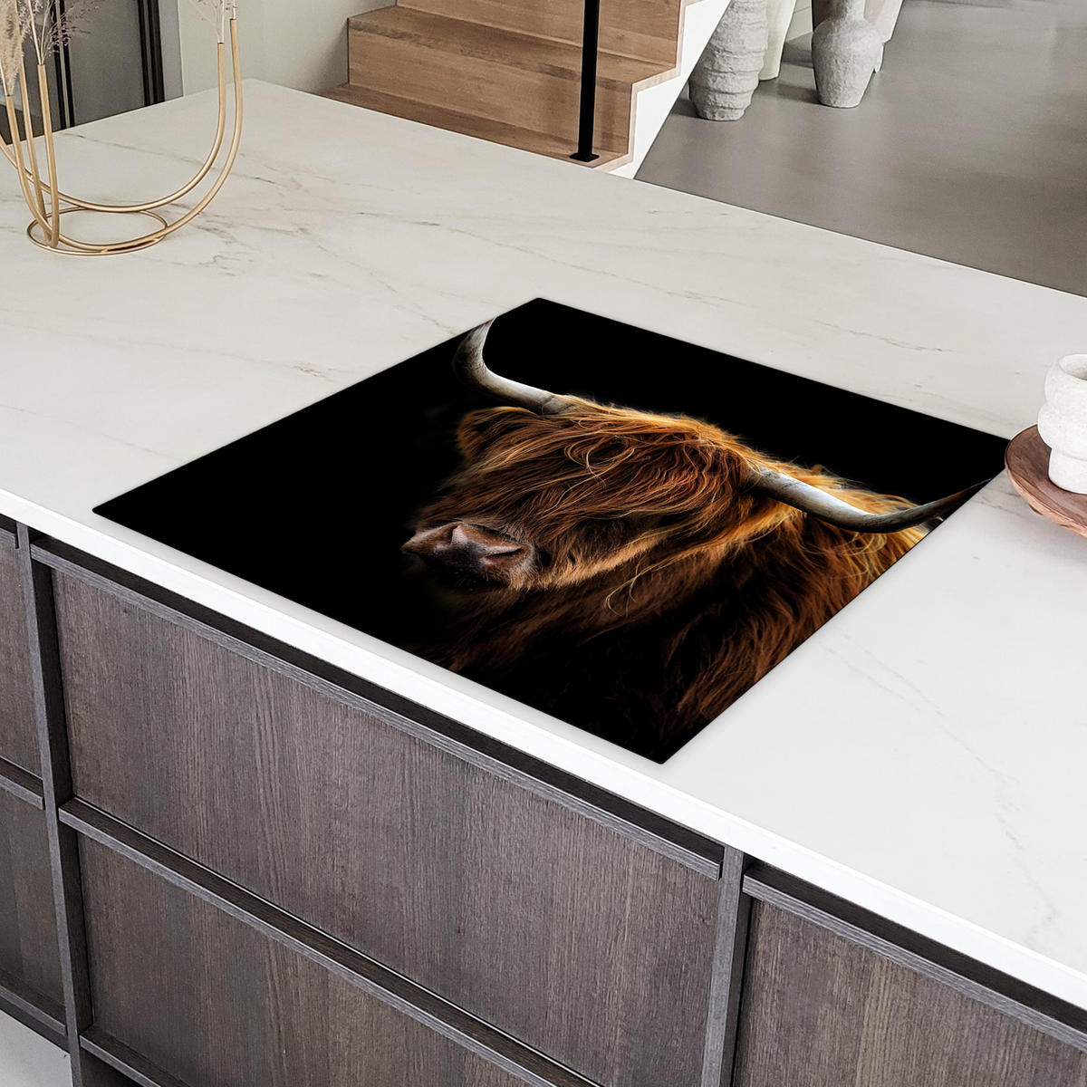 HERDABDECKPLATTE Schottischer Highlander - Hörner - Schwarz - Tiere - Natur - Wild - Kuh 78x78 cm - Cognac, Kunststoff (78/78/0.2cm) - MuchoWow