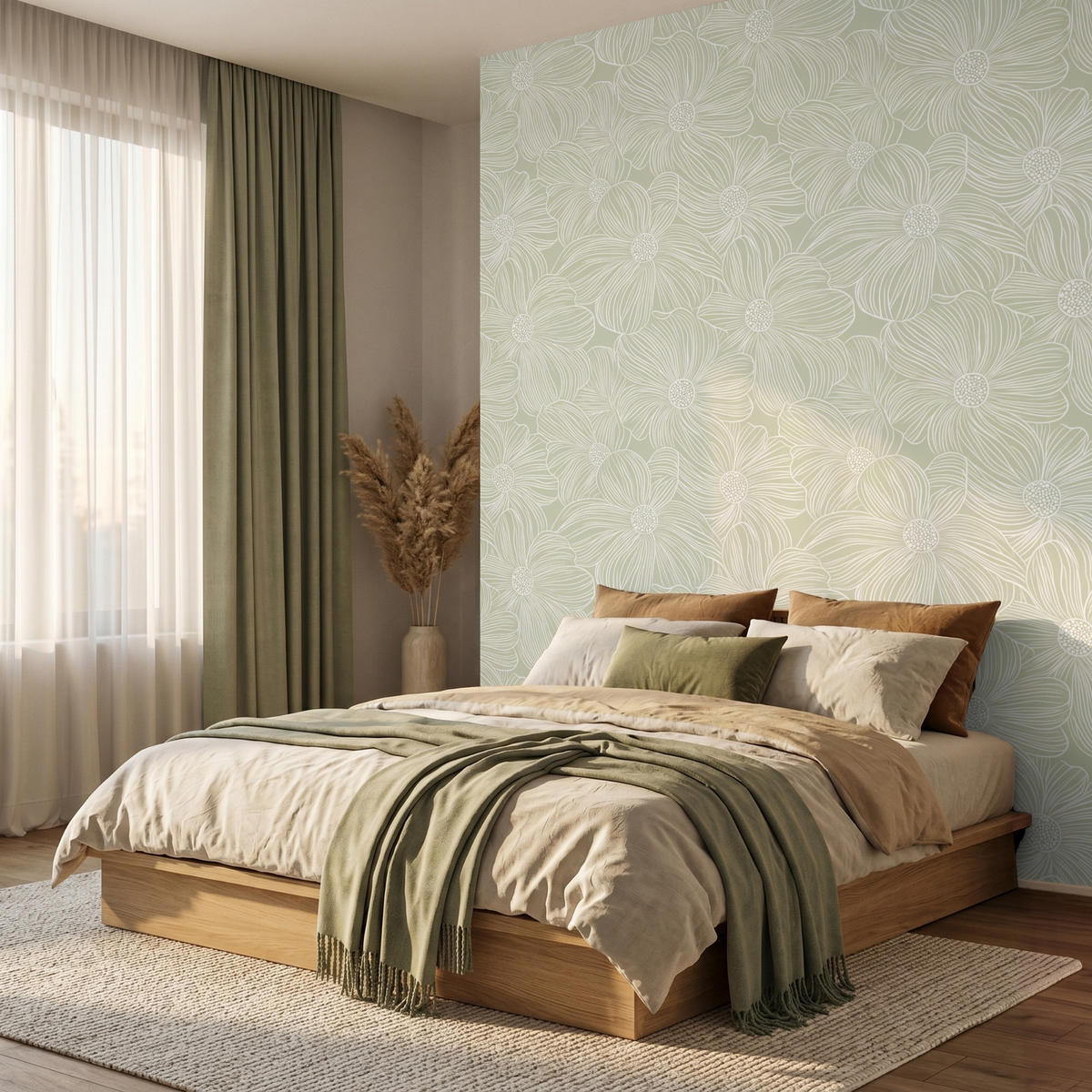 TAPETE - Gelassenheit - Blumen - Grün - 240x300 cm - Salbeigrün, Papier (240/300cm) - OnlyWow