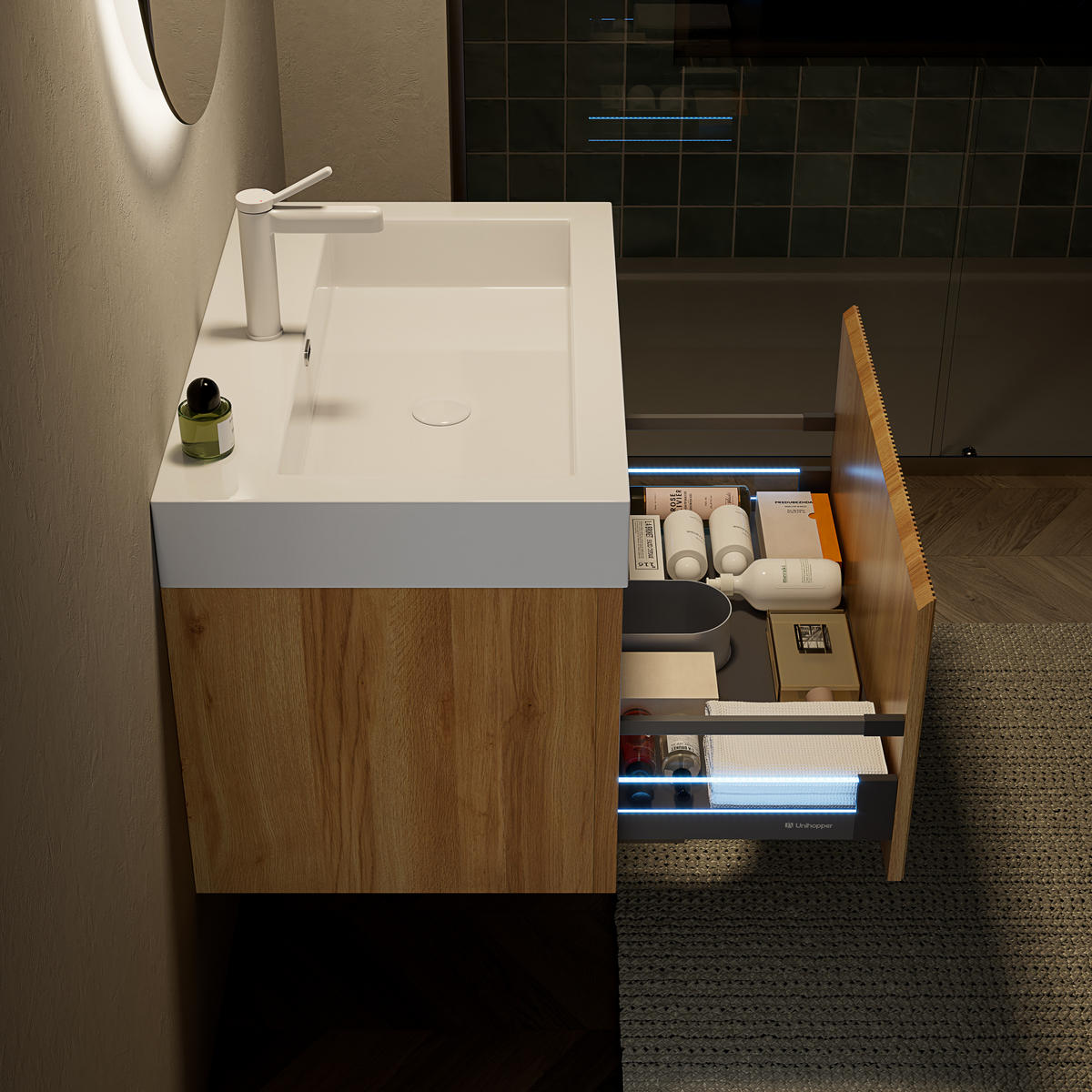 WASCHTISCHUNTERSCHRANK 70x46x50cm Naturholz/Weiß mit Resinbecken & LED-Schubladensystem - Naturfarben, Kunststoff (70/50/46cm) - Modfu