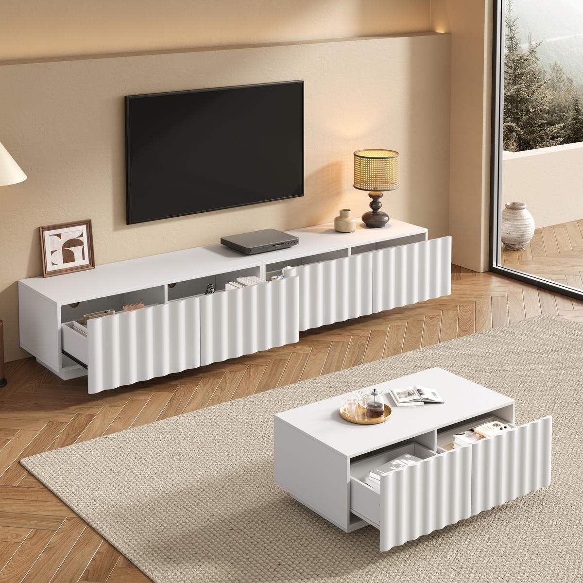 WOHNZIMMER-SET in Weiß Wohnzimmermöbelset mit Schuhbladen, Lowboard & Couchtisch - Weiß, Holzwerkstoff (200/35/40cm) - STILVORA