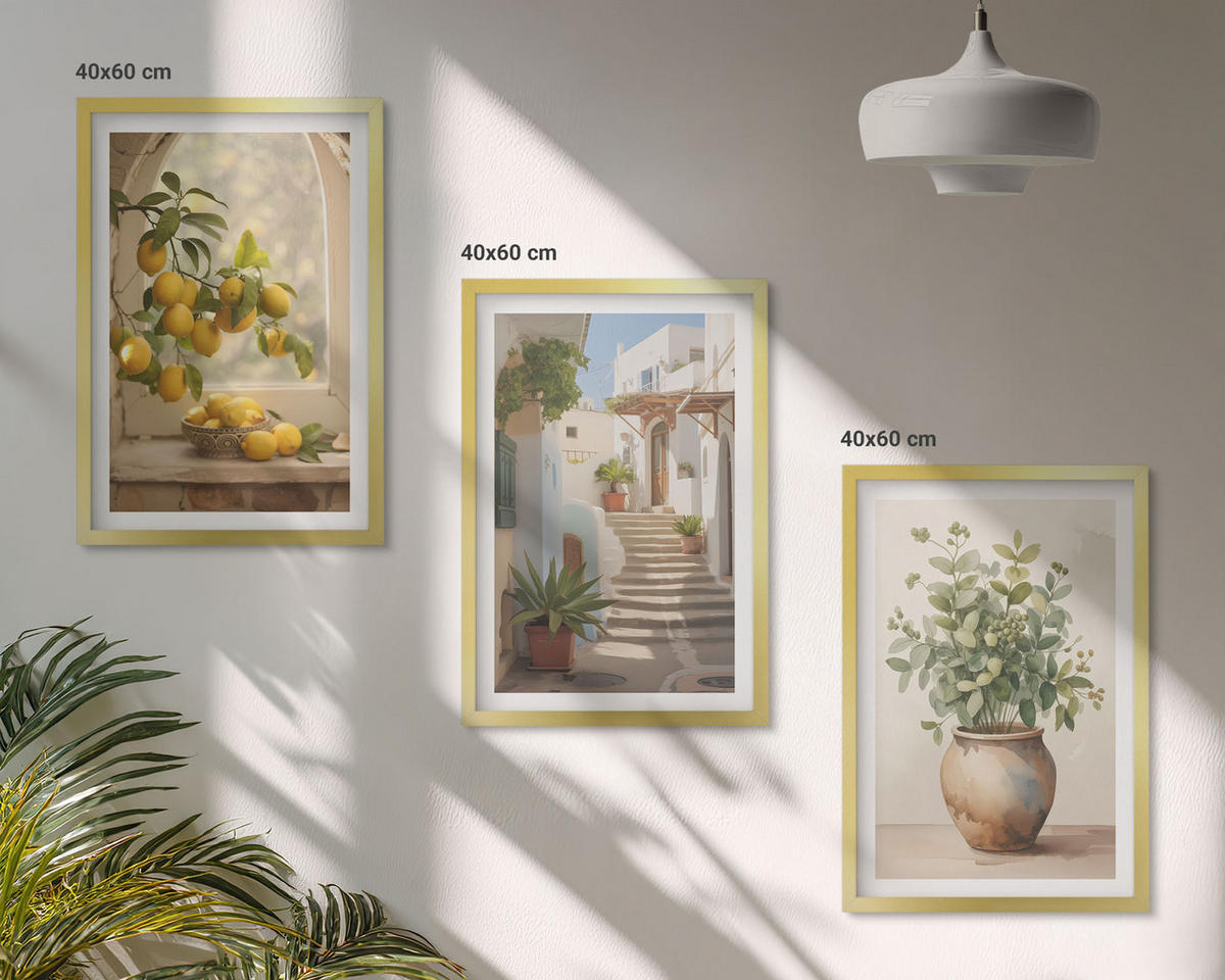 BILDER SET 3er Set - 40x60 cm Goldrahmen - Zitronen in einer Pflanzenvase - Goldfarben, Kunststoff (40/60cm) - TULUP