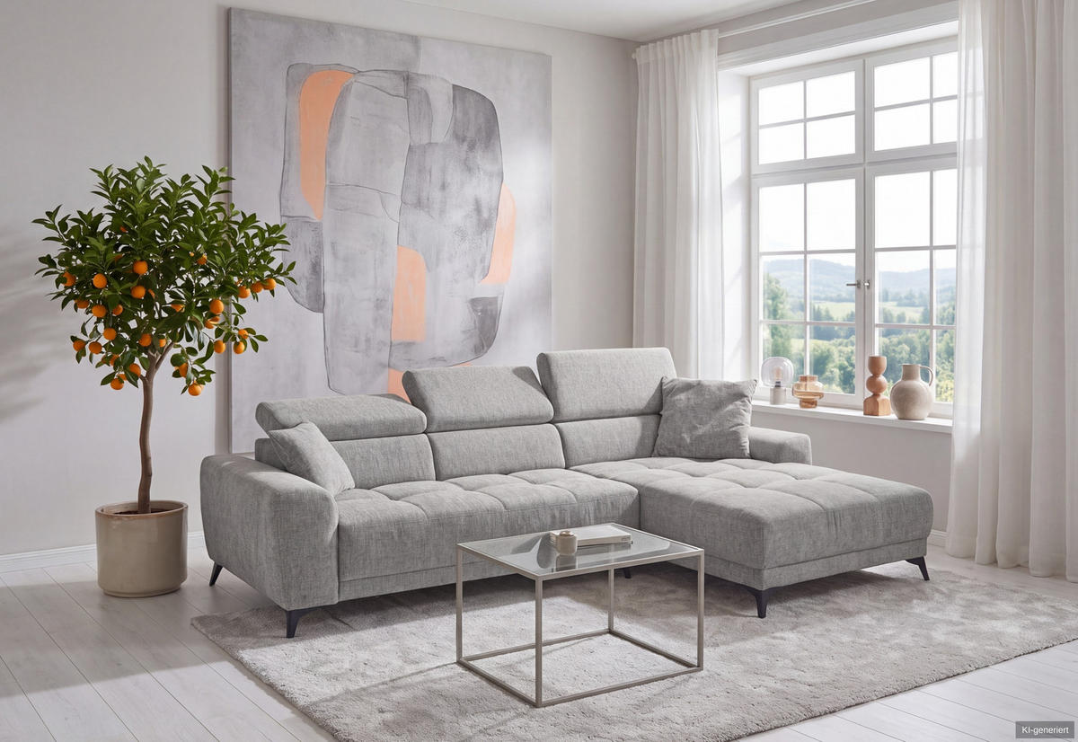 ROHOVÁ POHODA s elektrickým nastavením hloubky sedáku, nastavitelnými opěrkami hlavy, 299 × 200 × 107 cm (Š×H×V), světle šedá ženilka / 15420 - černá/světle šedá, kov/kompozitní dřevo (299/200cm) - luma-home