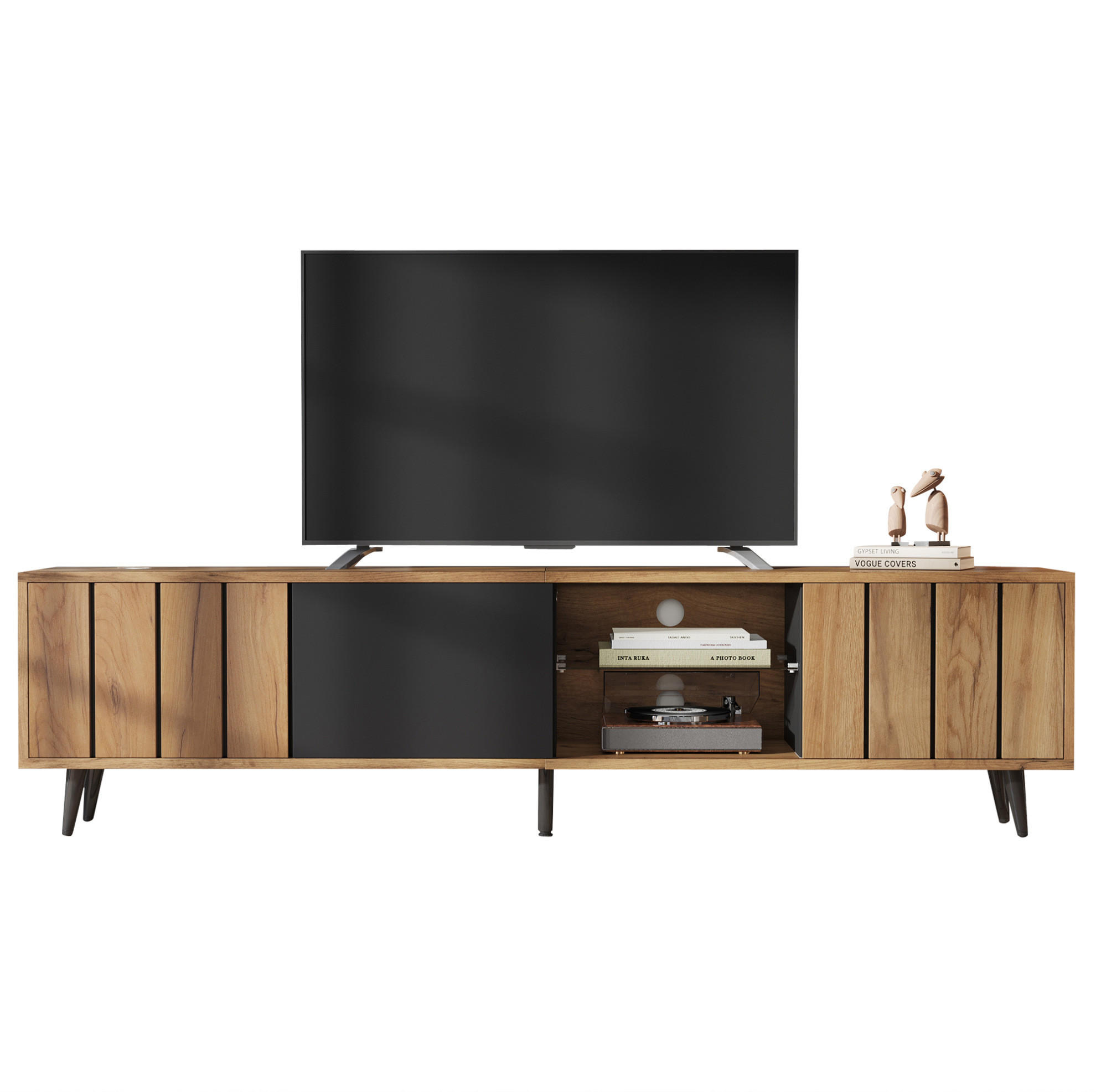 TV-LOWBOARD 175/31,5/45 cm Natur/Schwarz aus Spanplatte mit 3 Türen - Hellbraun, Holzwerkstoff (175/45/31.5cm) - OKWISH
