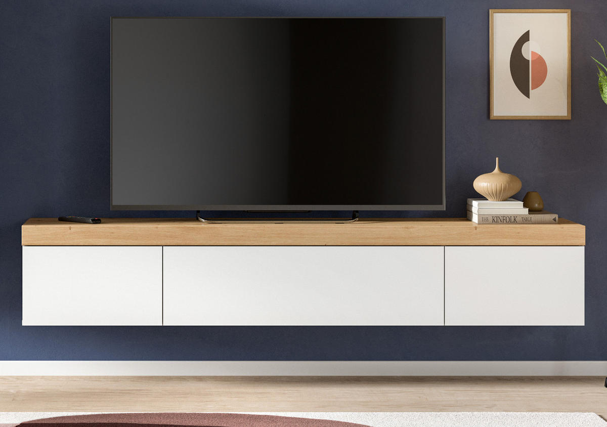 TV-LOWBOARD weiß, Eiche 180 cm, TV-Unterteil stehend/hängend - Schwarz/Weiß, Holzwerkstoff/Kunststoff (180/34/33cm) - Inn.Furn