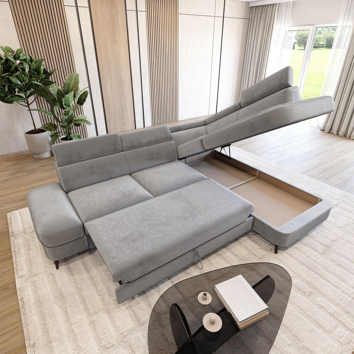 ECKSOFA AVISE M R-S Hellgrau Velours-Stoff mit Schlaffunktion - Hellgrau, Holzwerkstoff/Textil (268/195cm) - MASSENO