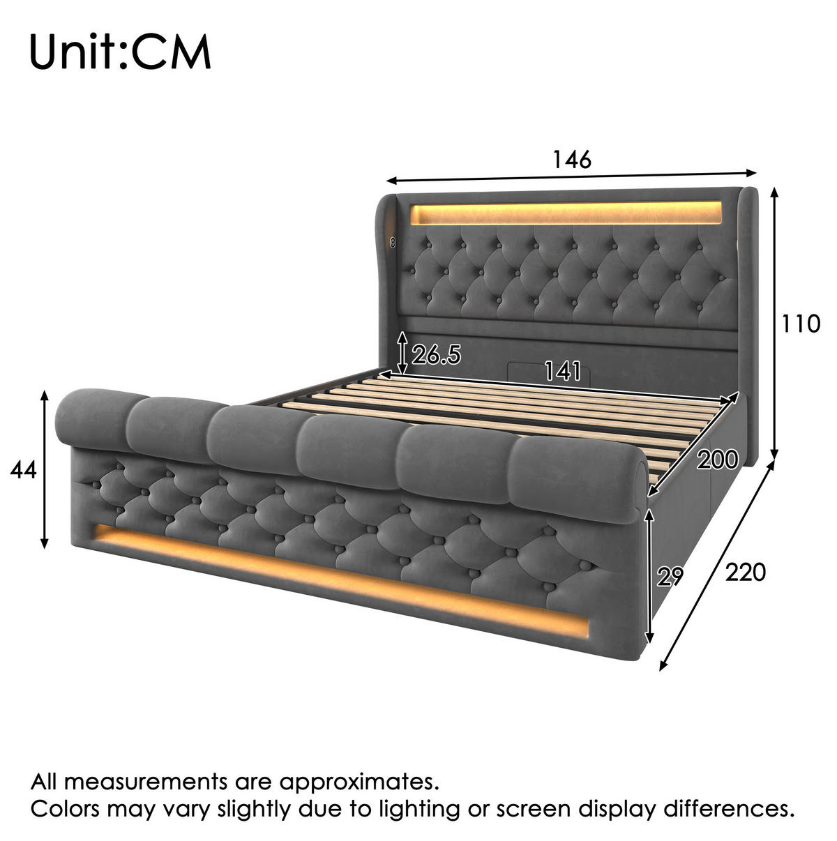 BETT mit LED, USB und Stauraum 140x200 cm Samt Grau - Grau, Metall (140/200cm) - Meubliv