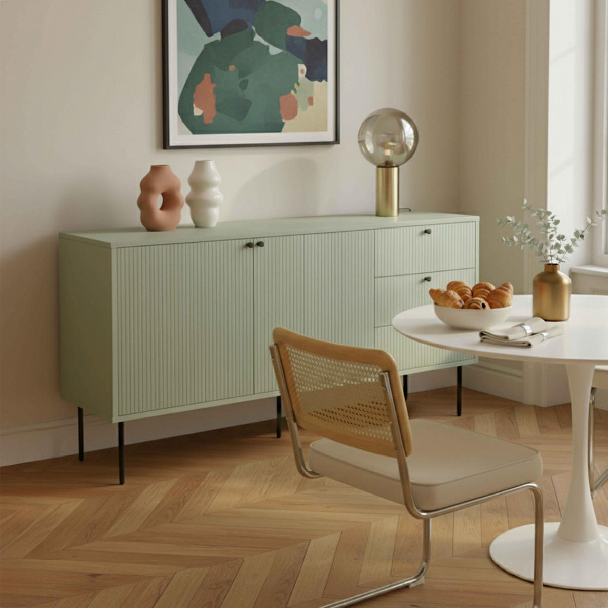 SIDEBOARD 150 cm, Salbeigrün - Grün, Holz (40/75/150cm) - Oviala