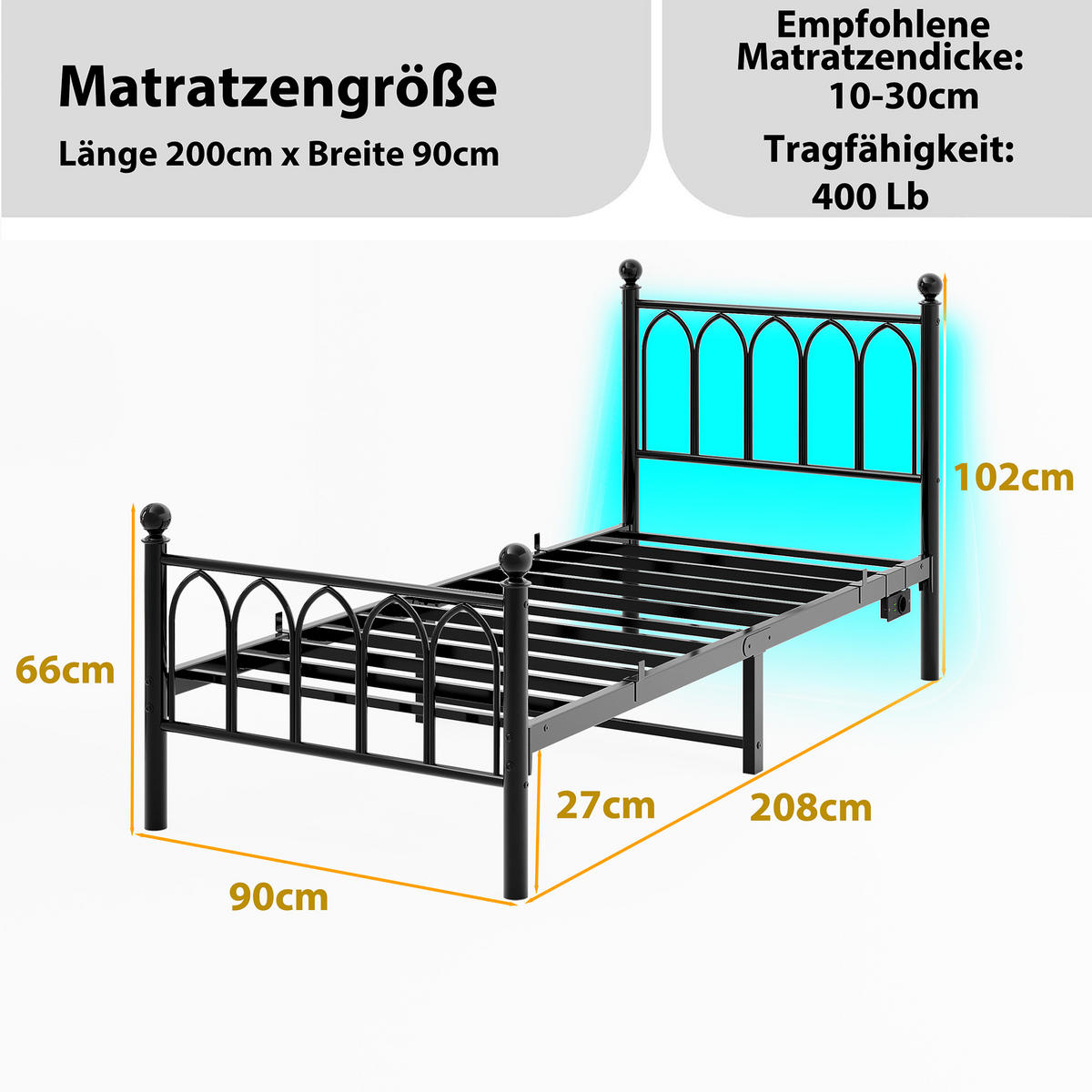 METALLBETT 90x200 cm LED USB Vintage schwarz - Schwarz, Holzwerkstoff (90/200cm) - LEBENLANG
