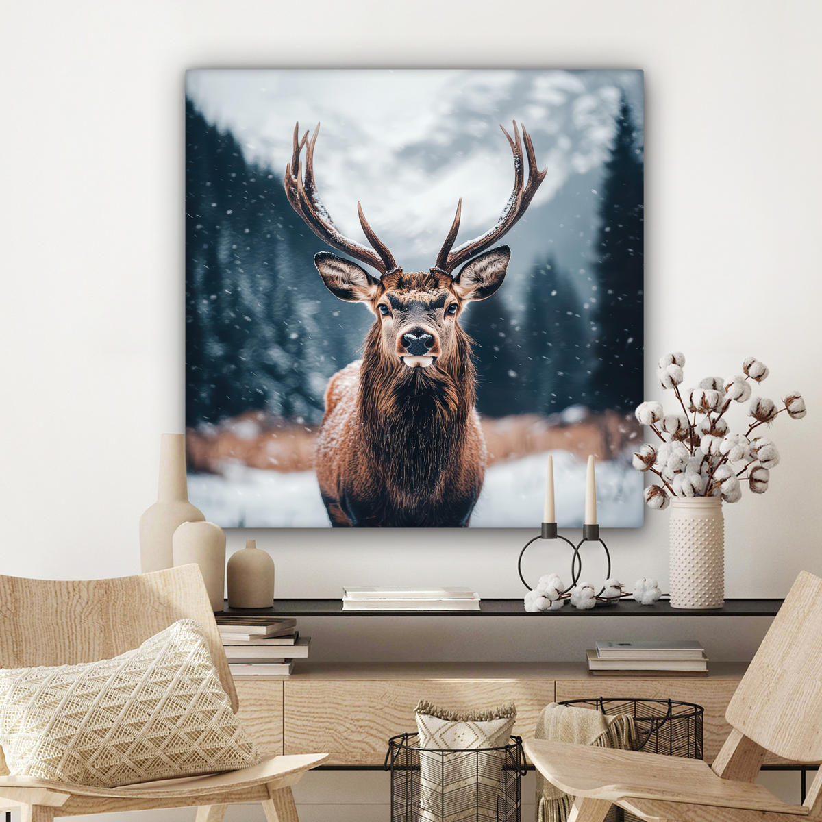 LEINWANDBILD Hirsche - Tiere - Landschaft - Winter - Schnee Deko Groß 90x90 cm - Kastanienfarben, Textil (90/90cm) - MuchoWow