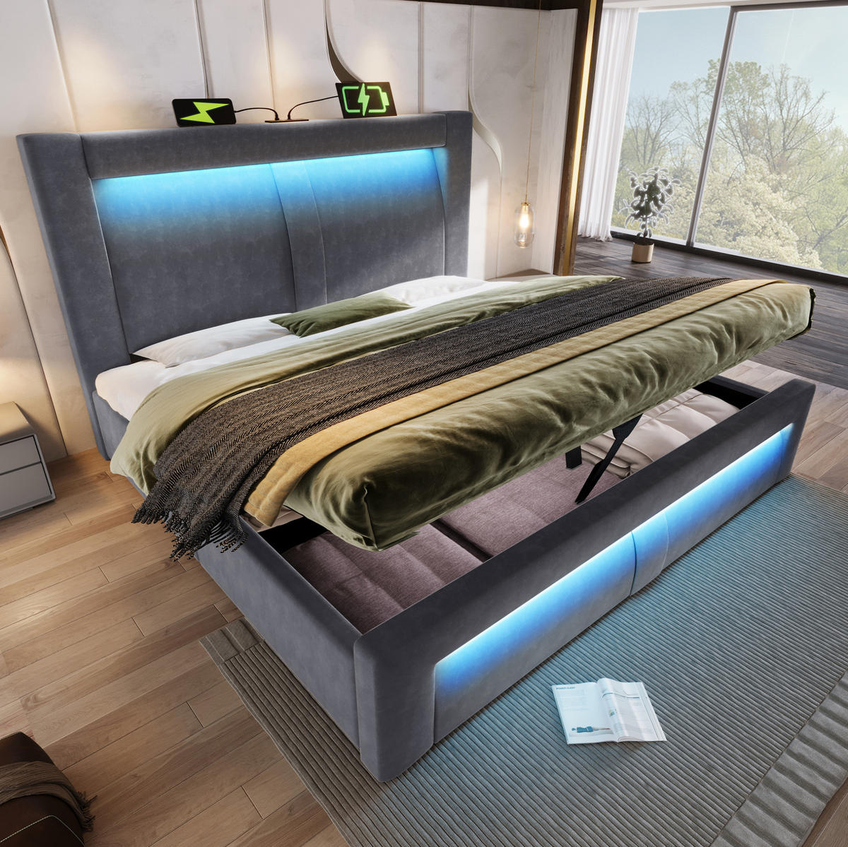 SAMT-POLSTERBETT 160/200 cm mit Bettkasten, LED-Beleuchtung und gepolstertem Kopfteil - Grau, Textil (160/200cm) - BEAOK