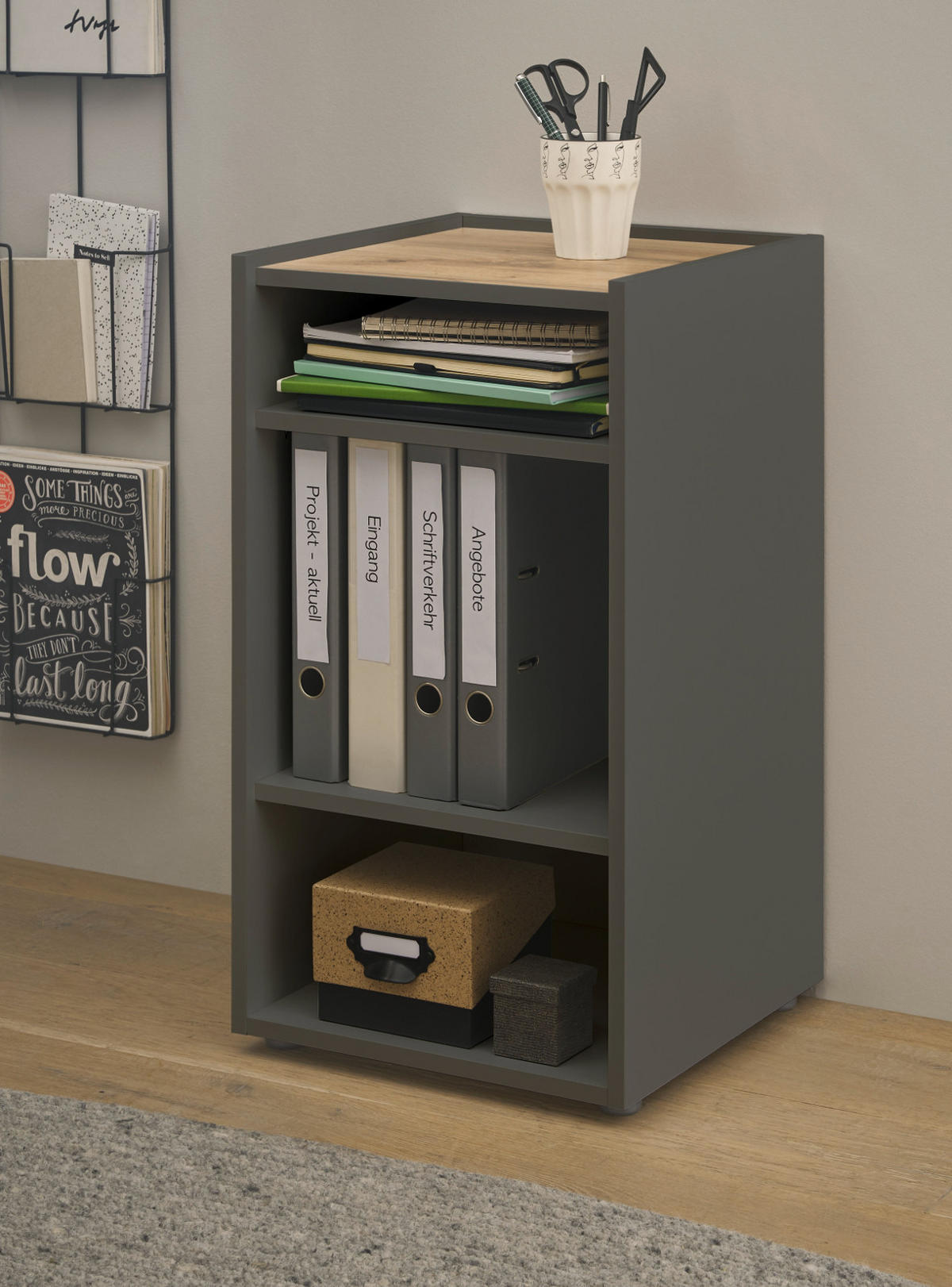 STANDCONTAINER grau matt, Eiche Wotan 40 x 70 cm, Aktenregal mit 3 Fächern - Eiche Wotan/Schwarz, Holzwerkstoff/Kunststoff (40/70/40cm) - Furn.Design