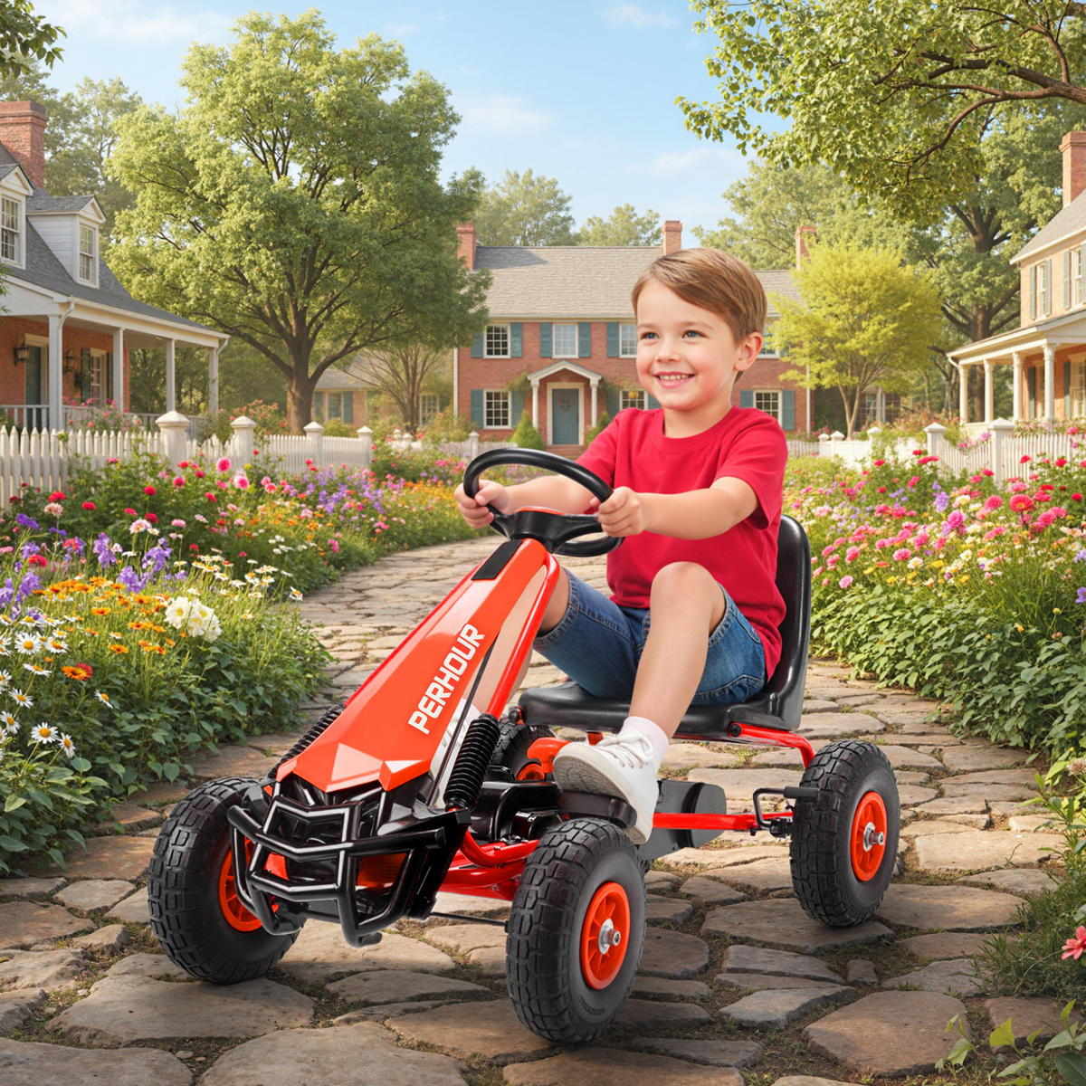 GOKART, šlapací autíčko s ruční brzdou, nastavitelným sedadlem, jízdou vpřed a vzad - červená, kov (110/61/62cm) - AIYAPLAY