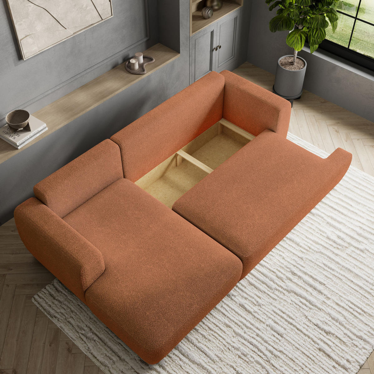 ECKSOFA SENTI N L-S Orange Boucle-Stoff mit Schlaffunktion - Orange, Holz (246/148cm) - MASSENO