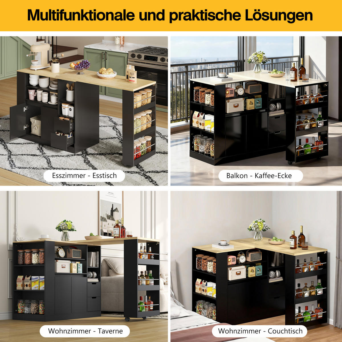 KÜCHENINSEL 115/50/92 cm schwarz/naturfarben mit drehbarer Ausziehplatte - Schwarz, Holzwerkstoff (115/92/50cm) - OKWISH