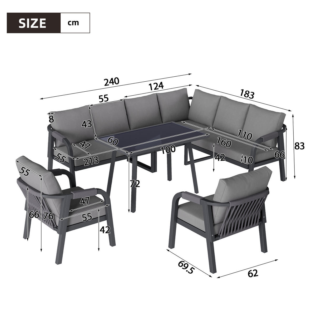 GARTEN-ESSGRUPPE 8 Personen Ecksofa Esstisch Sessel Grau - Grau, Textil - FLIEKS