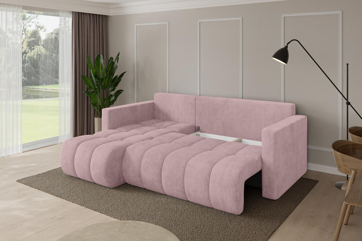 ROHOVÁ SEDAČKA s funkcí spaní, otoman vlevo GARD-L 226x146x85 růžová manšestr - růžová/černá, kompozitní dřevo/textil (226/146cm) - ALTDECOR