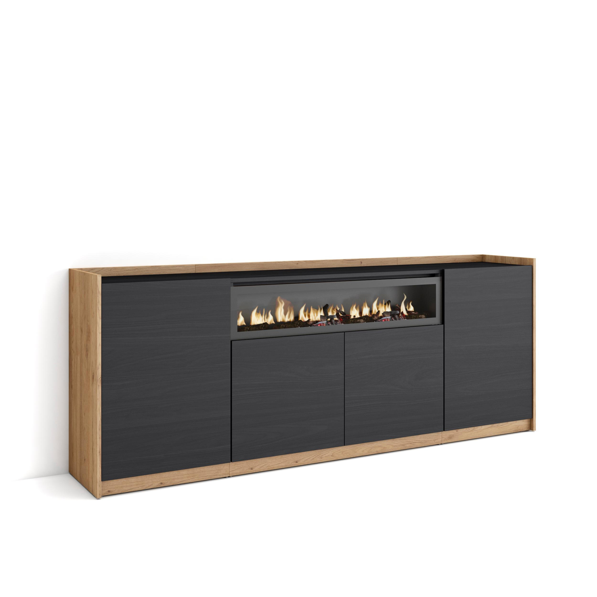 SIDEBOARD, Highboard, Schwarz Eiche, Elektrokamin, 207/37/80cm - Schwarz, Holzwerkstoff (207/80/37cm) - Skraut Home
