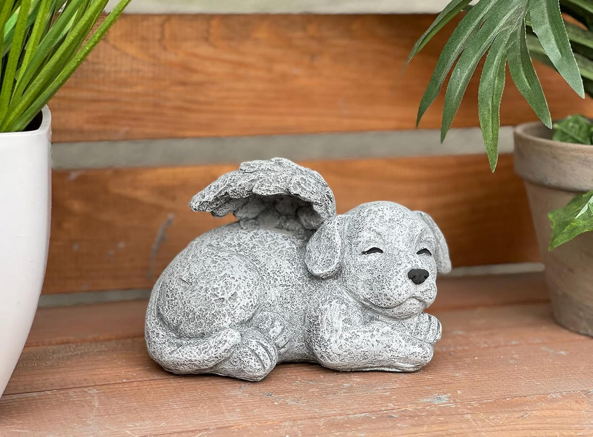 STEINFIGUR Grabschmuck Hund mit Engelsflügeln frostfest Steinguss wetterfest - Grau, Stein (13/10/10cm) - stoneandstyle