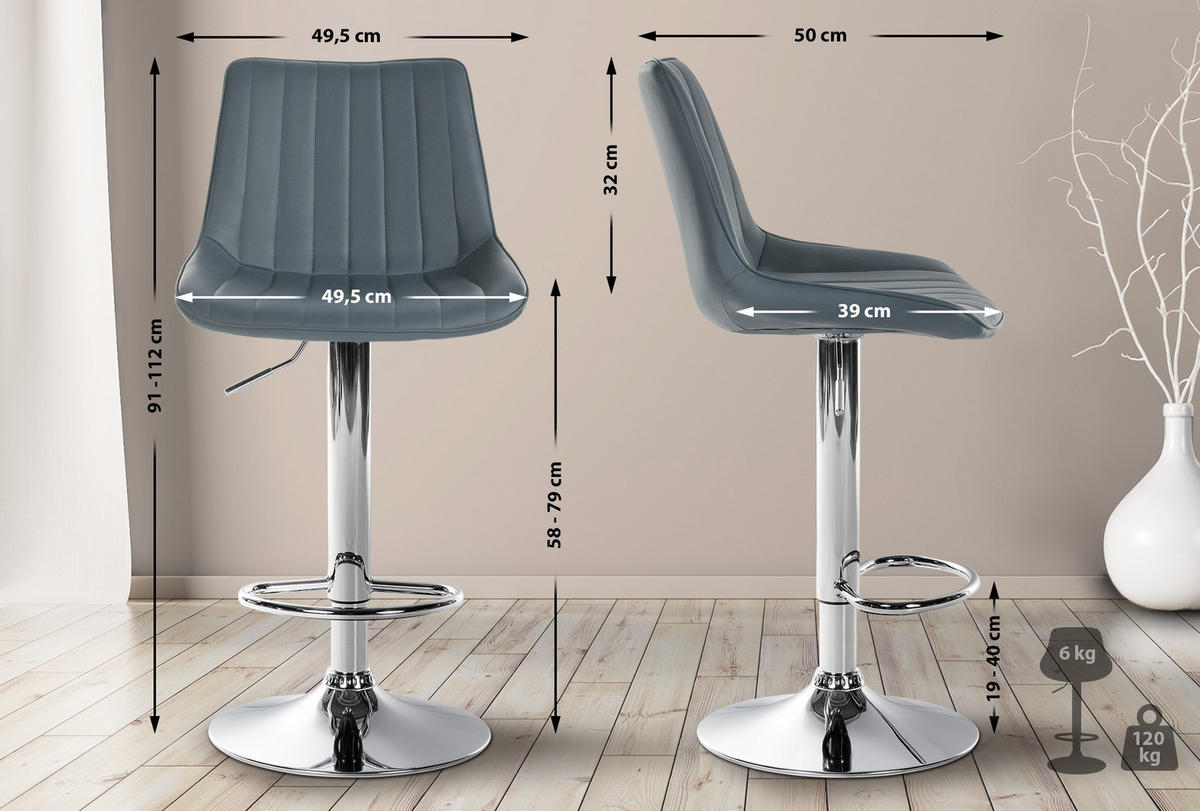 BARHOCKER RIO Grau Kunstleder Chrom - Grau, Leder/Metall (49.5/91/50cm) - DELUKE