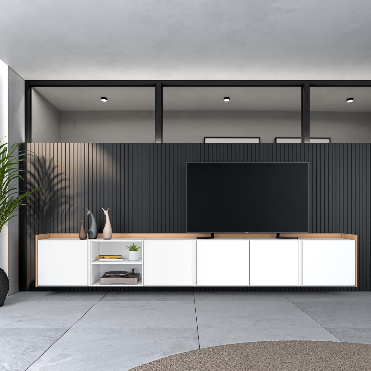 LOWBOARD, Weiß und Eiche, 309/35/50cm, Hängend - Weiß, Holzwerkstoff (309/50/35cm) - Skraut Home