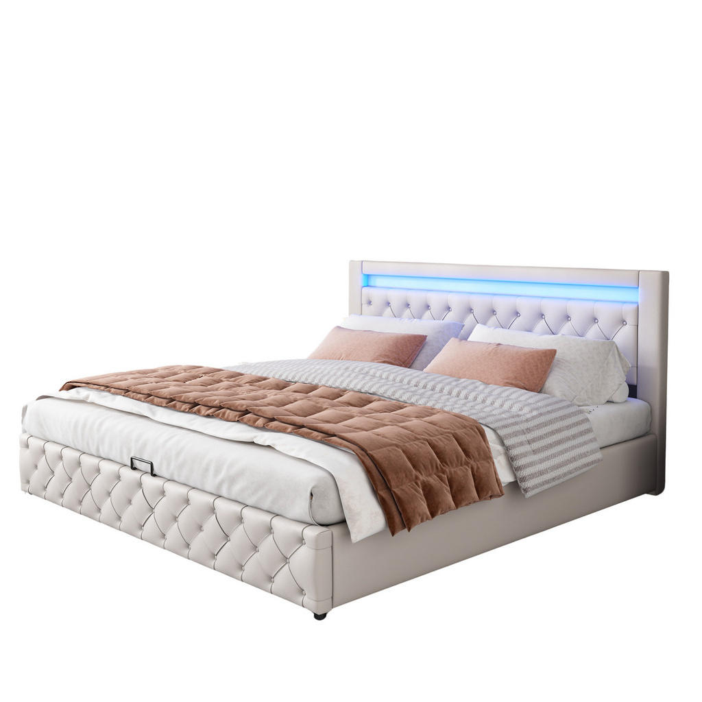 OKWISH ČALOUNĚNÁ postel 160/200 cm bílá z PU s LED osvětlením a úložným prostorem
