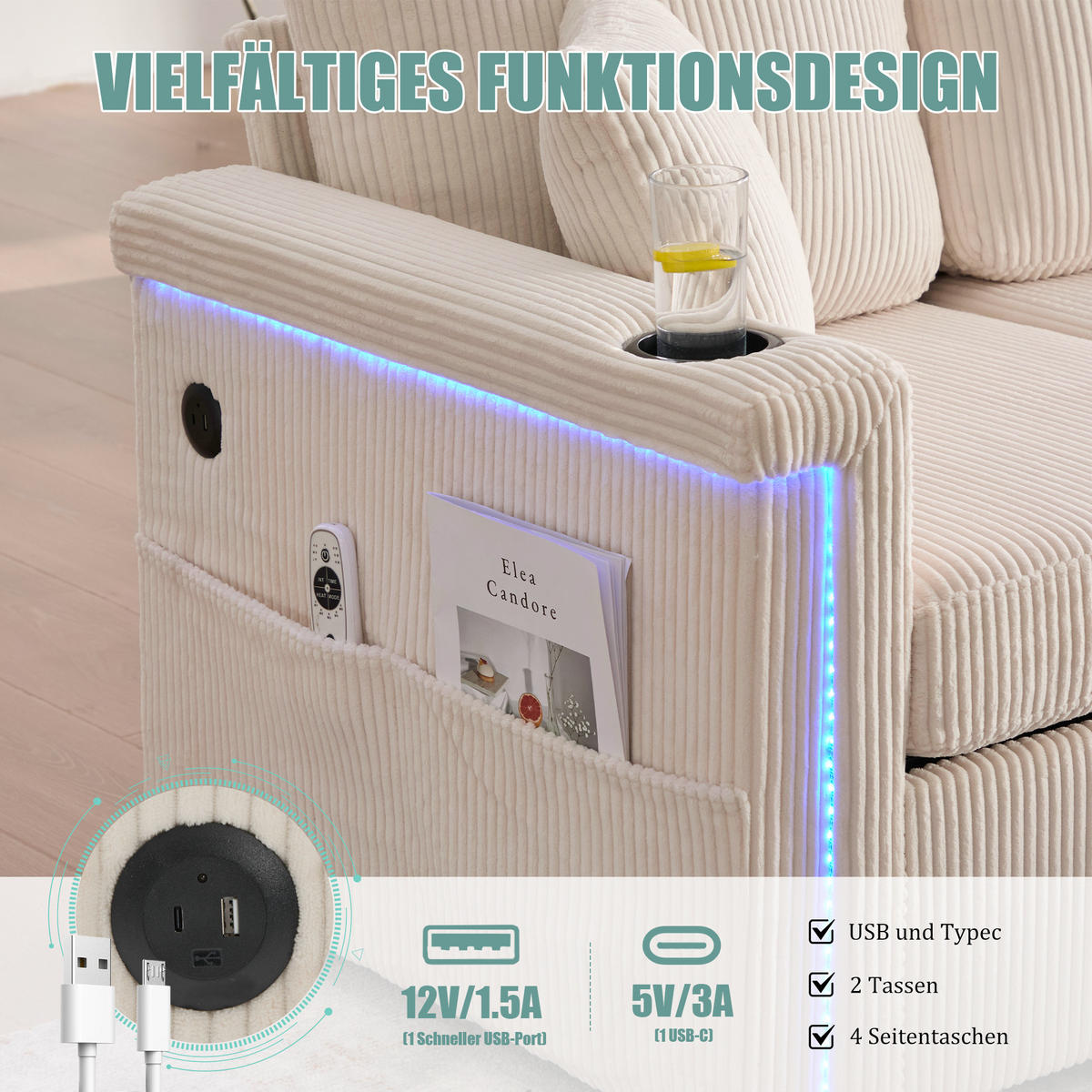 SOFA Corduroy mit LED und USB-Anschluss Stauraumschubladen auf Rollen 194/73/81 cm Beige - Beige, Textil (73/194cm) - Redom