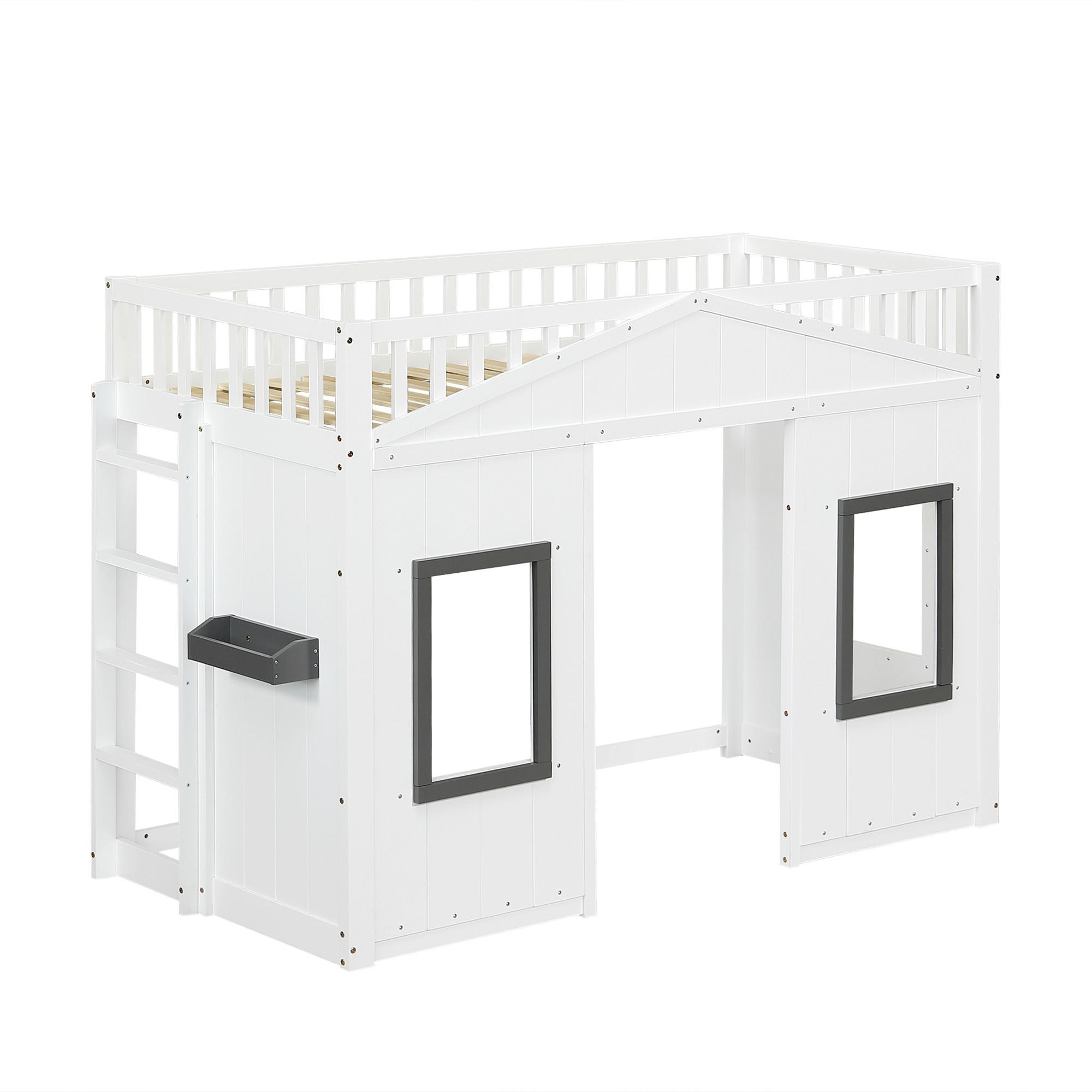 HOCHBETT 90/200 cm DE-02323, in Weiß, mit Treppe, Fenster und frei gestaltbarem Unterbett - Weiß, Holz/Holzwerkstoff (90/200cm) - ComfortXL