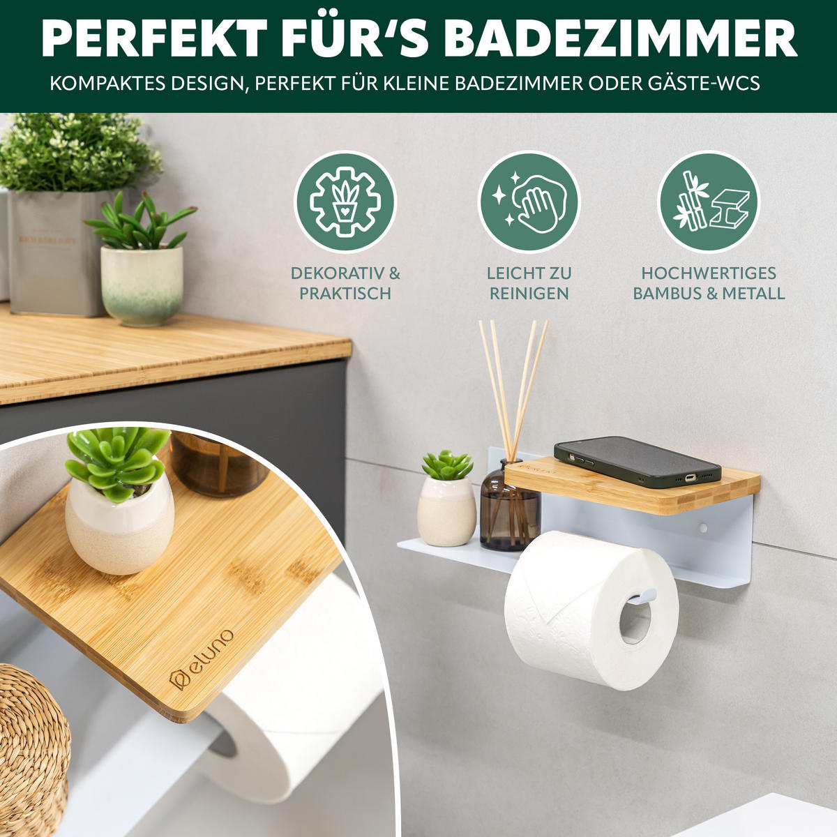 TOILETTENPAPIERHALTER VARAZ mit 2 Ablagen, Metall und Bambus - Weiß, Metall (31.5/9.5/13cm) - eluno