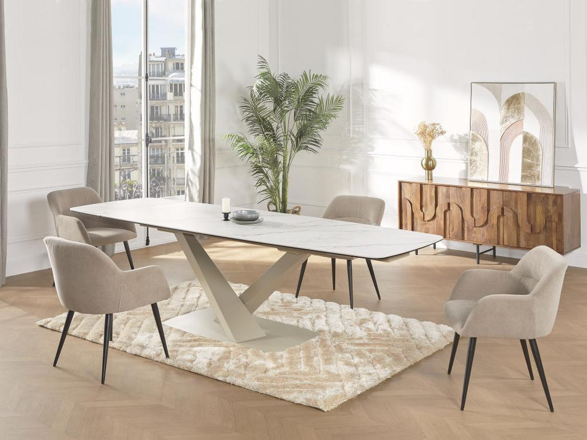ESSTISCH ausziehbar - 6 bis 10 Personen - Sicherheitsglas, Keramik & Metall - Marmor-Optik Weiß & Beige - MALATA - Beige, Keramik (260/90/76cm) - Vente-Unique