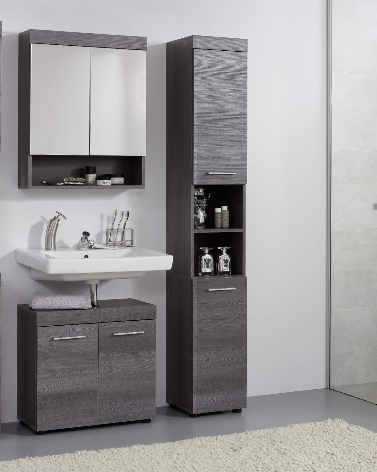 WASCHBECKENUNTERSCHRANK grau Rauchsilber 58 cm, Badschrank 2-türig - Silberfarben/Schwarz, Holzwerkstoff/Kunststoff (58/57/31cm) - Top.Furn