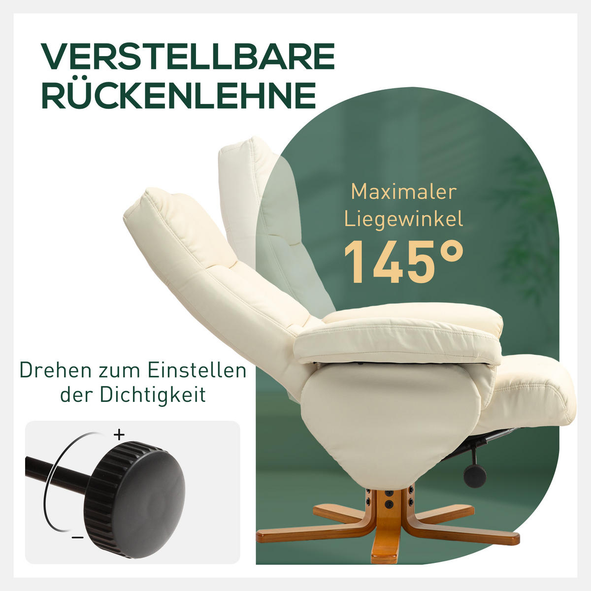RELAXSESSEL mit Hocker, Stauraum, Fernsehsessel mit Liegefunktion, Cremeweiß - Creme/Braun, Holz/Kunststoff (86/99/80cm) - HOMCOM