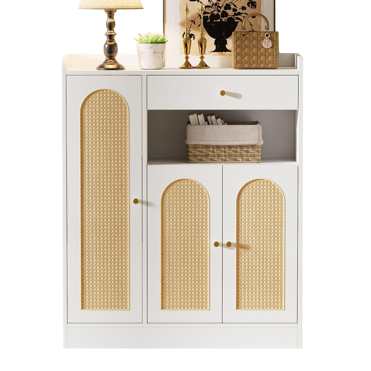 SCHUHSCHRANK Rattanoptik Weiß 90 cm mit 3 Türen und Schublade, Aufbewahrungsschrank - Naturfarben, Holz (90/110/35cm) - PARAFTA HOME