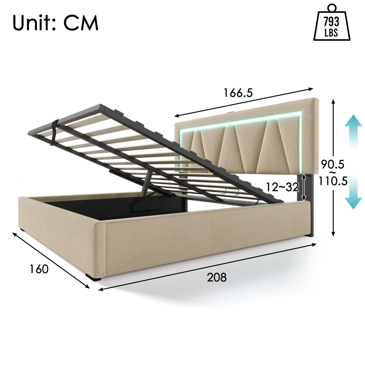 POLSTERBETT 160/200 cm Beige mit USB- und Type-C-Anschlüssen und LED-Beleuchtung Mit Matratze - Beige, Textil (160/200cm) - OKWISH