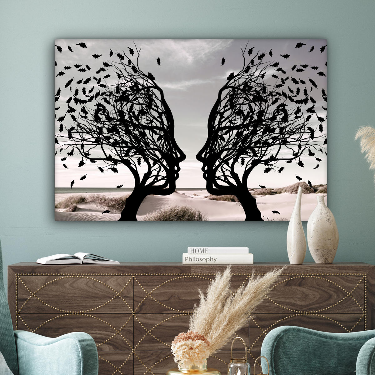 LEINWANDBILD Strand - Meer - Menschen - Baum - Moderne Kunst 150x100 cm - Hellgrau, Textil (150/100cm) - MuchoWow