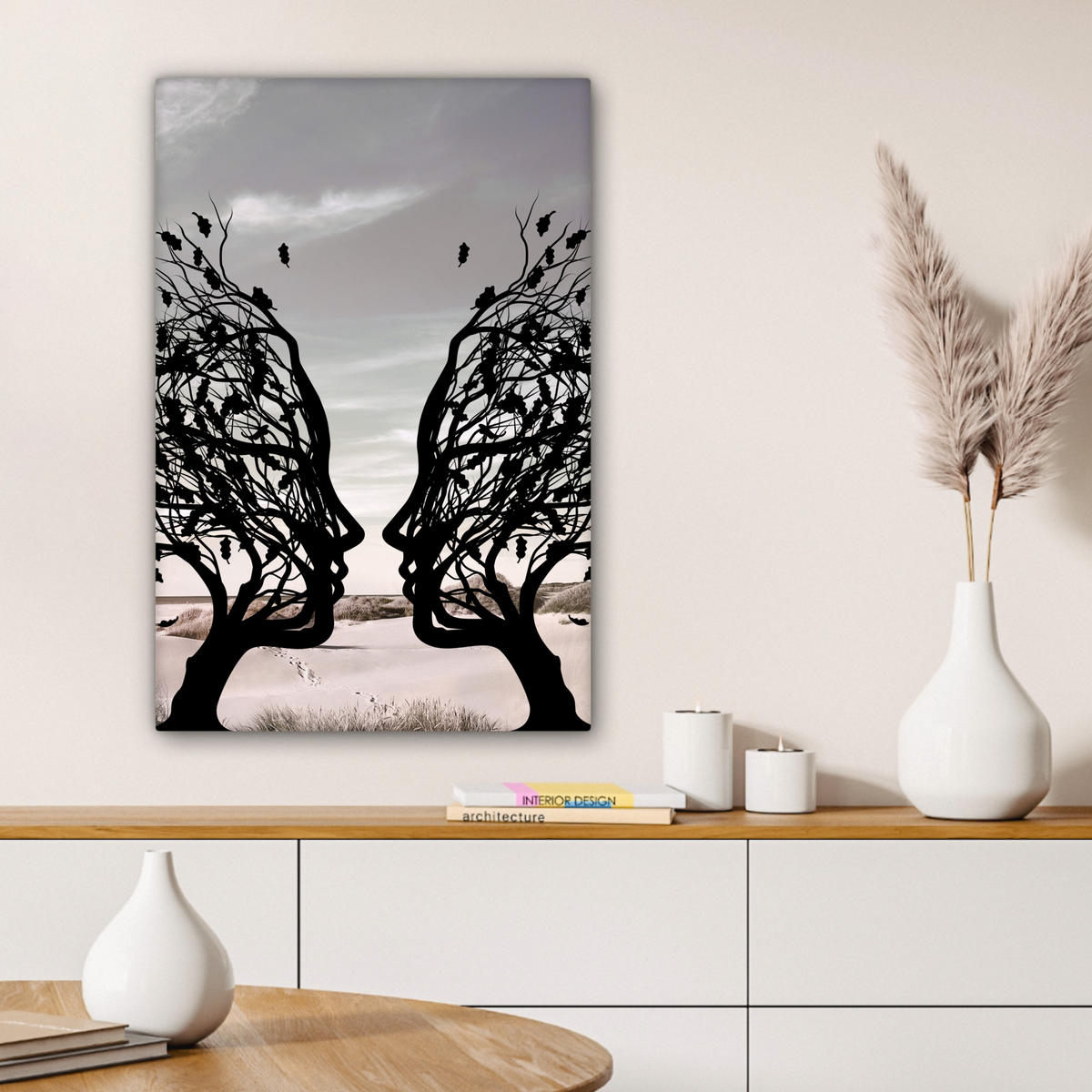 LEINWANDBILD Strand - Meer - Menschen - Baum - Moderne Kunst 60x90 cm - Hellgrau, Textil (60/90cm) - MuchoWow