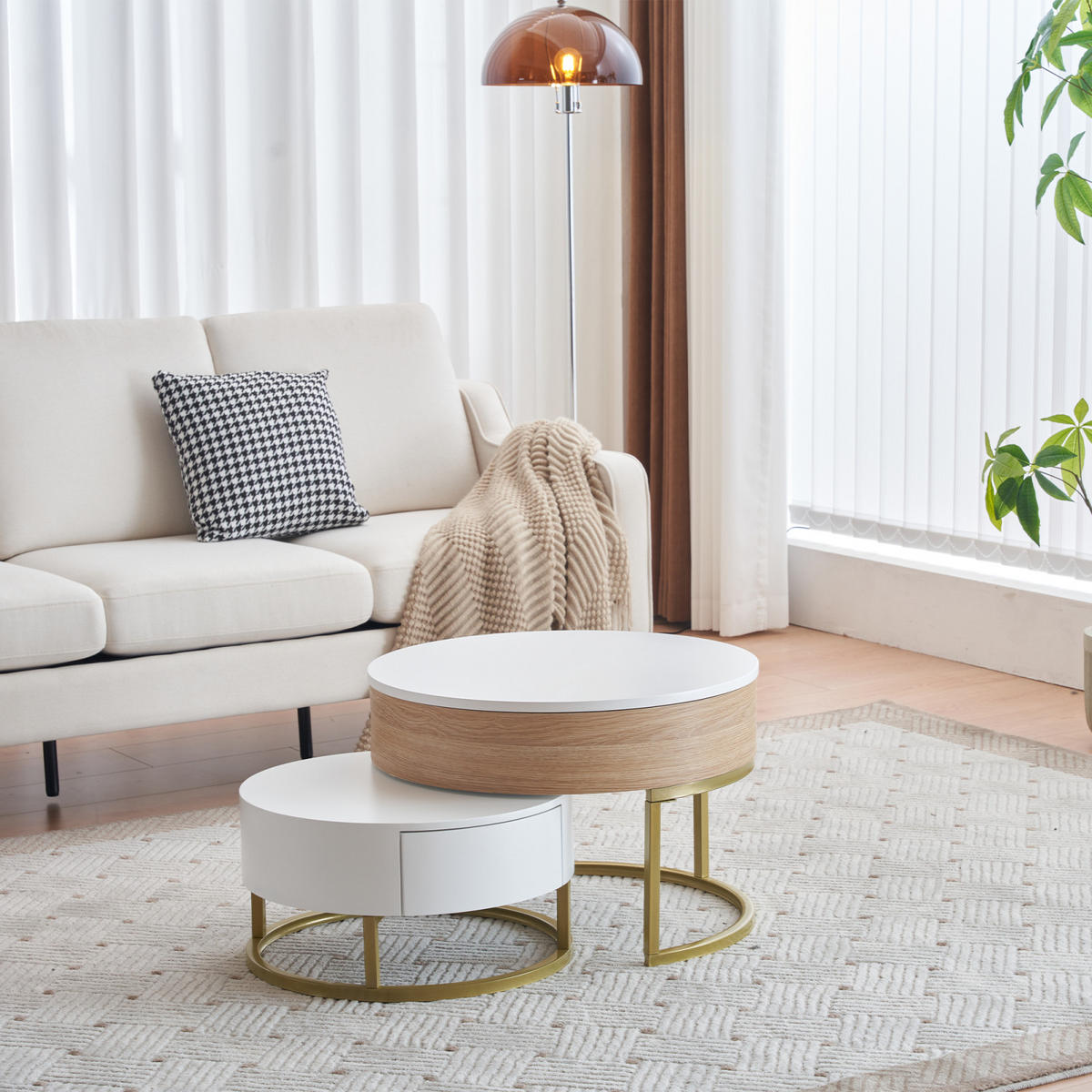 COUCHTISCH Weiß Holzoptik mit Hubfunktion und 2 Schubladen - Weiß, Metall (70/70/56cm)