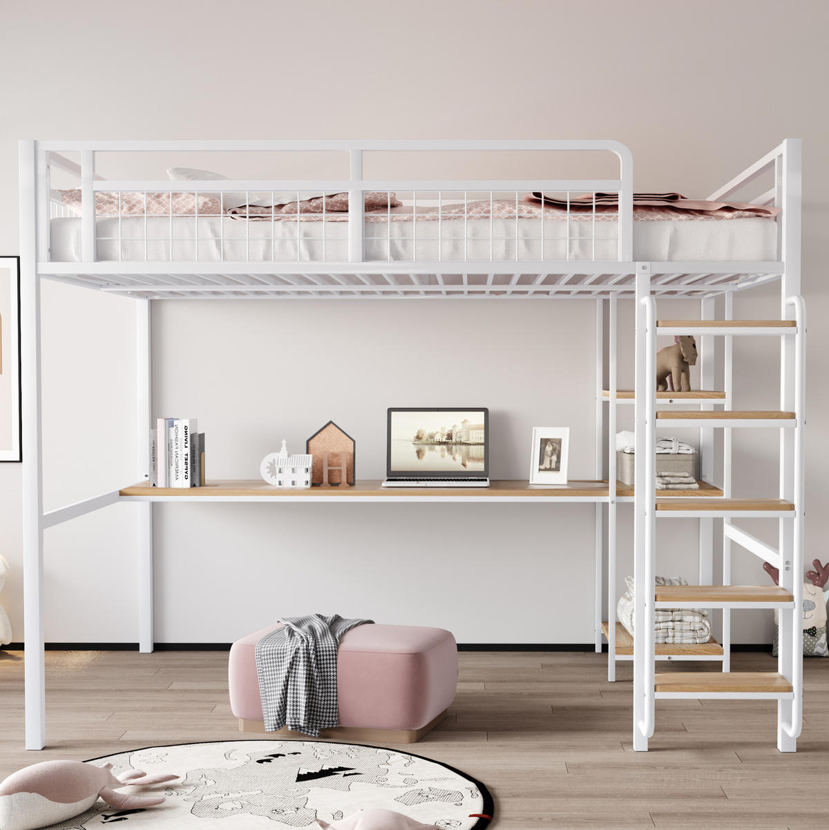 VYSOKÁ postel 140 / 200 cm bílá s psacím stolem a policemi z kovu - bílá, kov (140/200cm) - OKWISH