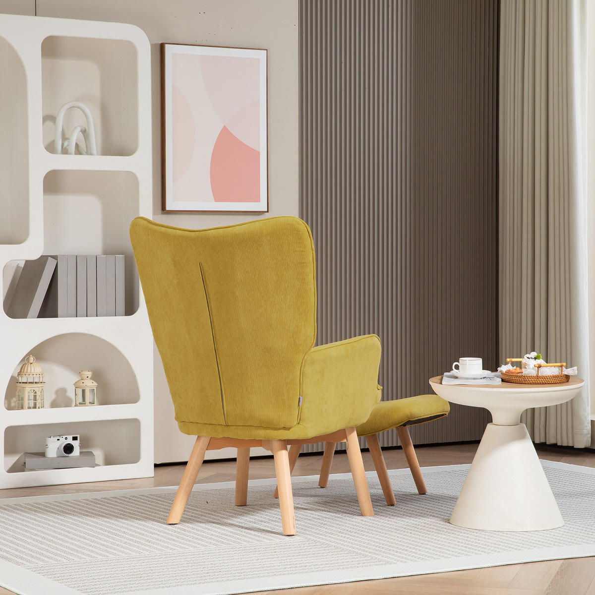 AKZENTSESSEL DE-07538 mit Hocker, Cord-Optik und Holzbeinen Orange - Orange, Textil (80/101/72cm) - ComfortXL