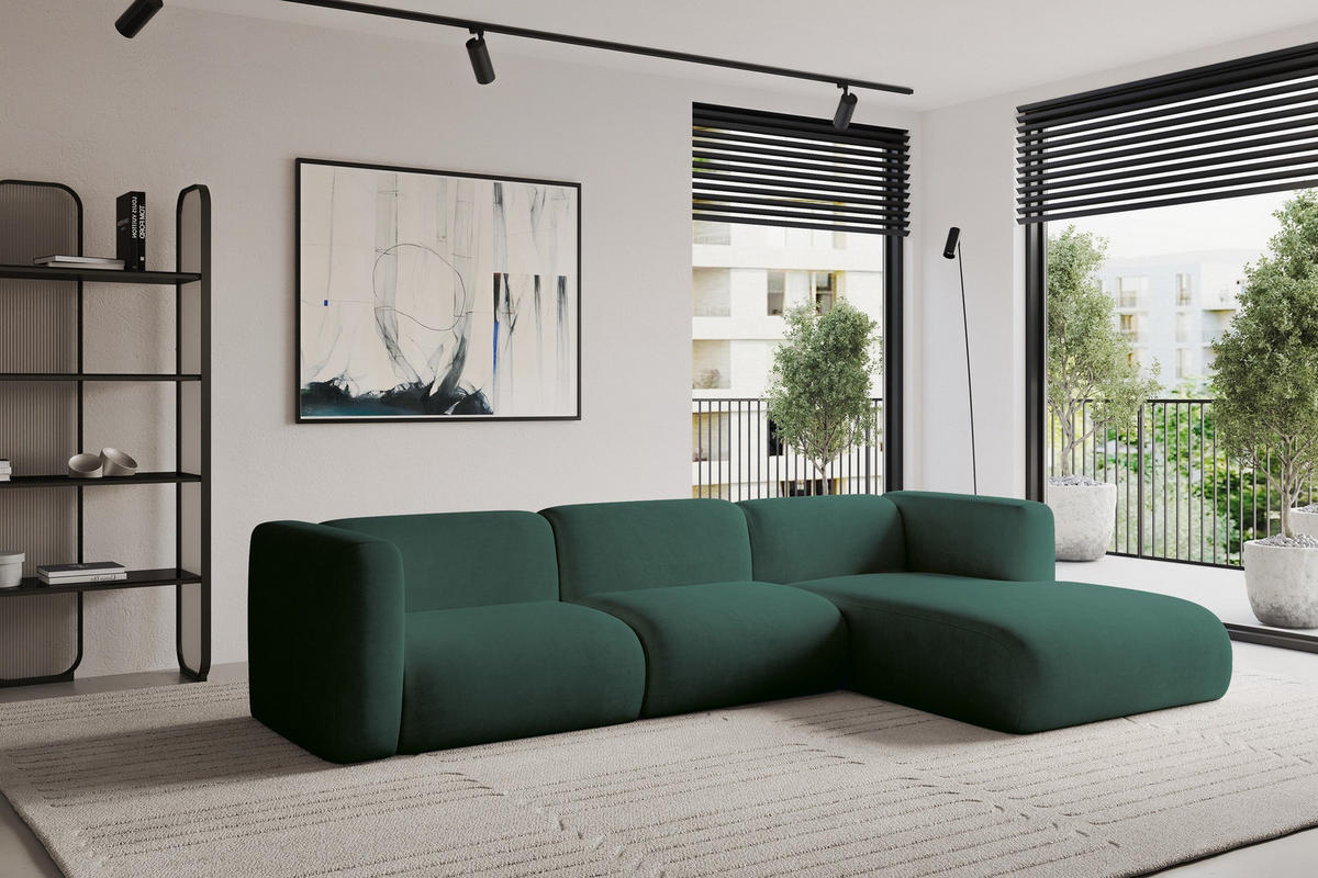 ECKSOFA Ottomane Rechts MIRA-L2 318x179x89 Grün Velours - Dunkelgrün/Schwarz, Holzwerkstoff/Kunststoff (318/179cm) - ALTDECOR