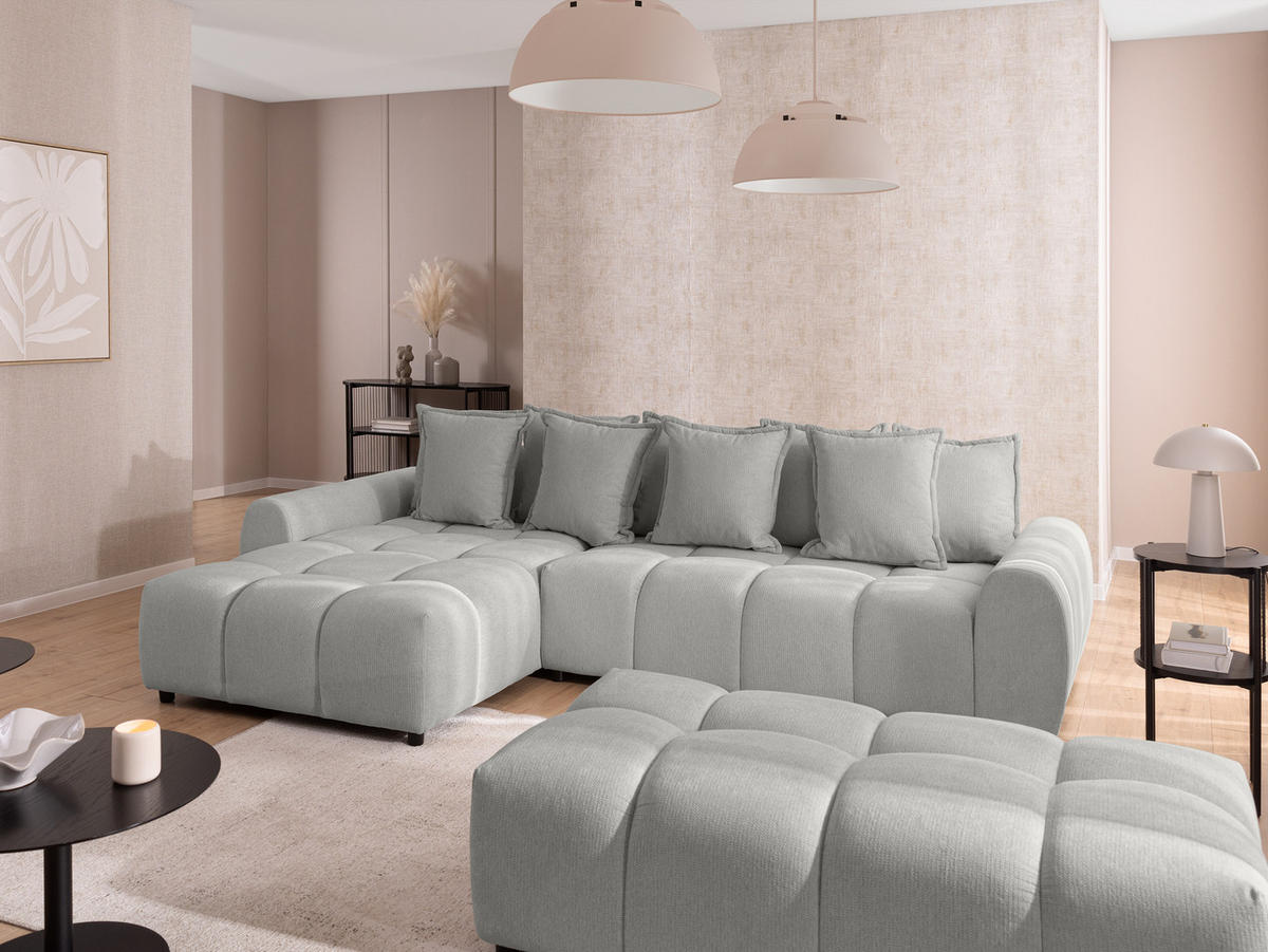 ECKSOFA inkl. Hocker Bubble mit Schlaffunktion und losen Rückenkissen, Sitzfläche in Bubble-Optik aus weichem Hellgrau Strukturstoff - Ottomane Links - Hellgrau/Schwarz, Holz/Kunststoff (180/306cm) - S-Style Möbel