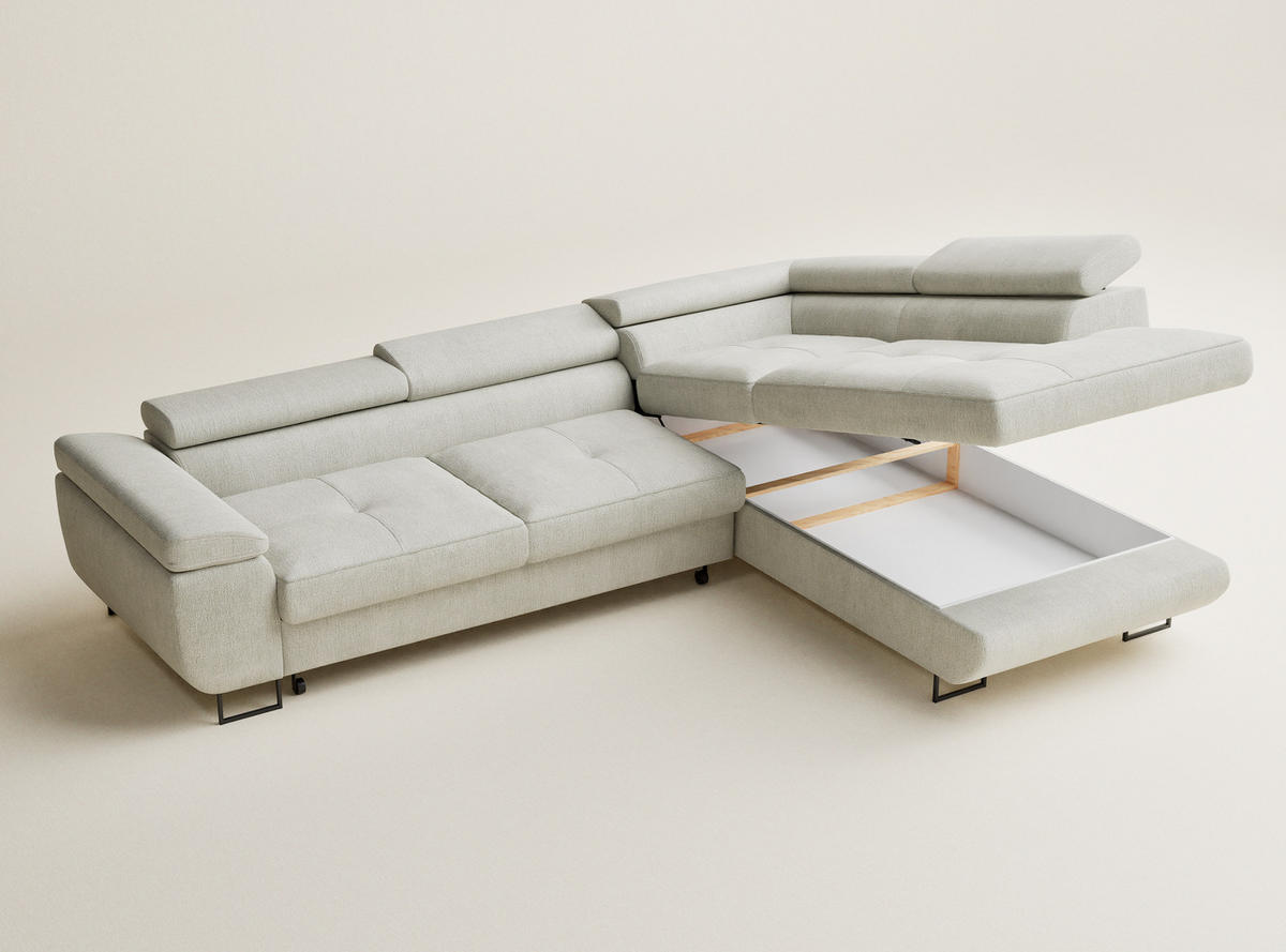 ECKSOFA Concord Creme Chenille-Stoff - Rechts Seite - Creme/Schwarz, Holz/Holzwerkstoff (277/203cm) - Maison de Reve