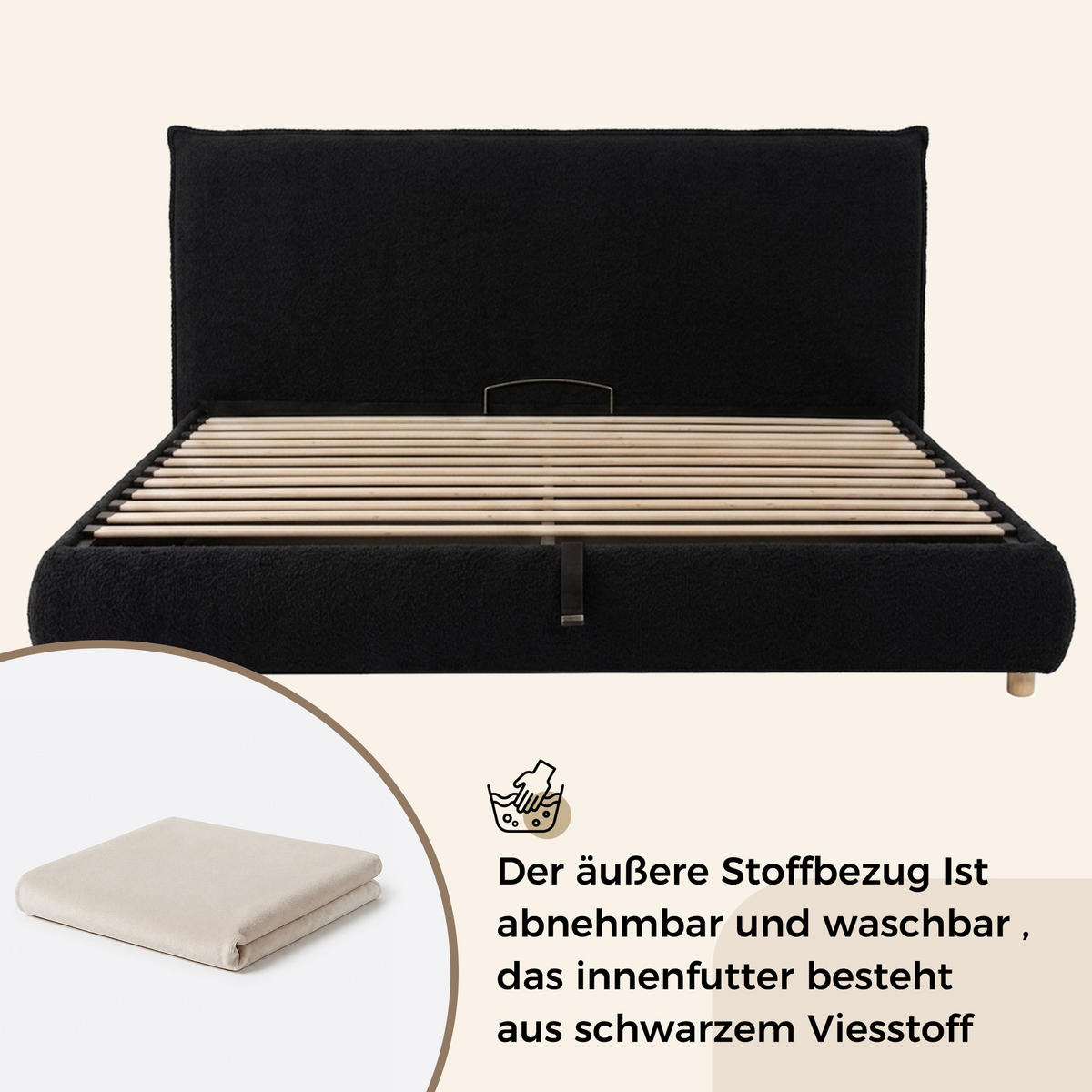 POLSTERBETT 160x200cm, Creme, Samt, Stauraum - Creme, Textil (160/200cm) - FLIEKS