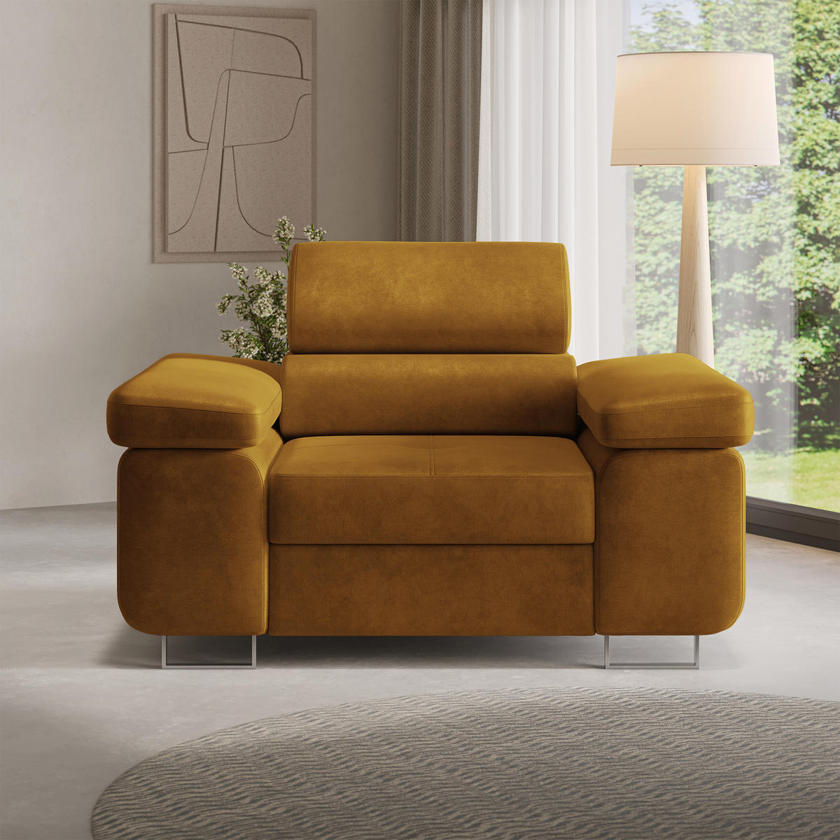 MASSENO Relaxační Křeslo CALVO, Velurová látka Žlutá - žlutá, kompozitní dřevo (133/87/98cm) - MASSENO
