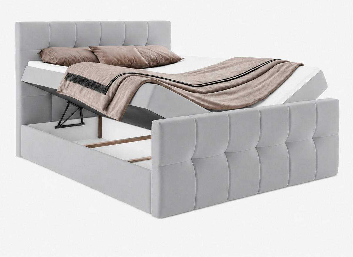 BOXBETT AUREN FRONT 140x200 cm Komplett-Set mit Bonell-Matratze, Topper und Bettkasten, Samt Platinfarben - Platinfarben, Textil (140/200cm) - Luxkor24