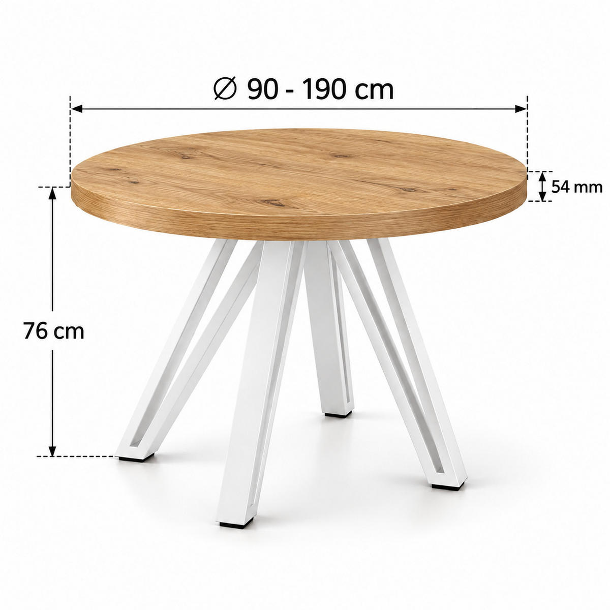 ESSTISCH rund ausziehbar 90/190/76 cm, Eiche Craft, 54 cm Tischplatte + Industrial-Metallgestell Weiß - Eichefarben/Weiß, Holzwerkstoff/Metall (90/190/76cm) - Damale Möbel